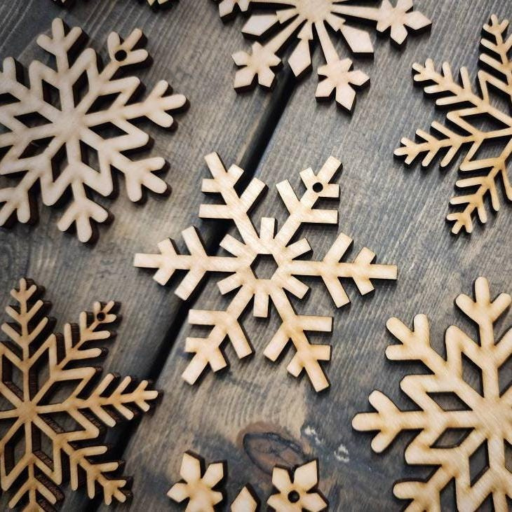 Wooden Snowflake Ornaments 12 Piece Set, Boho Christmas Tree Decor, Farmhouse Holiday, Laser Cut Wood Ornaments 3 - MeasureMason Wooden Snowflake Ornaments 12 Piece Set, Boho Christmas Tree Decor, Farmhouse Holiday, Laser Cut Wood Ornaments 3