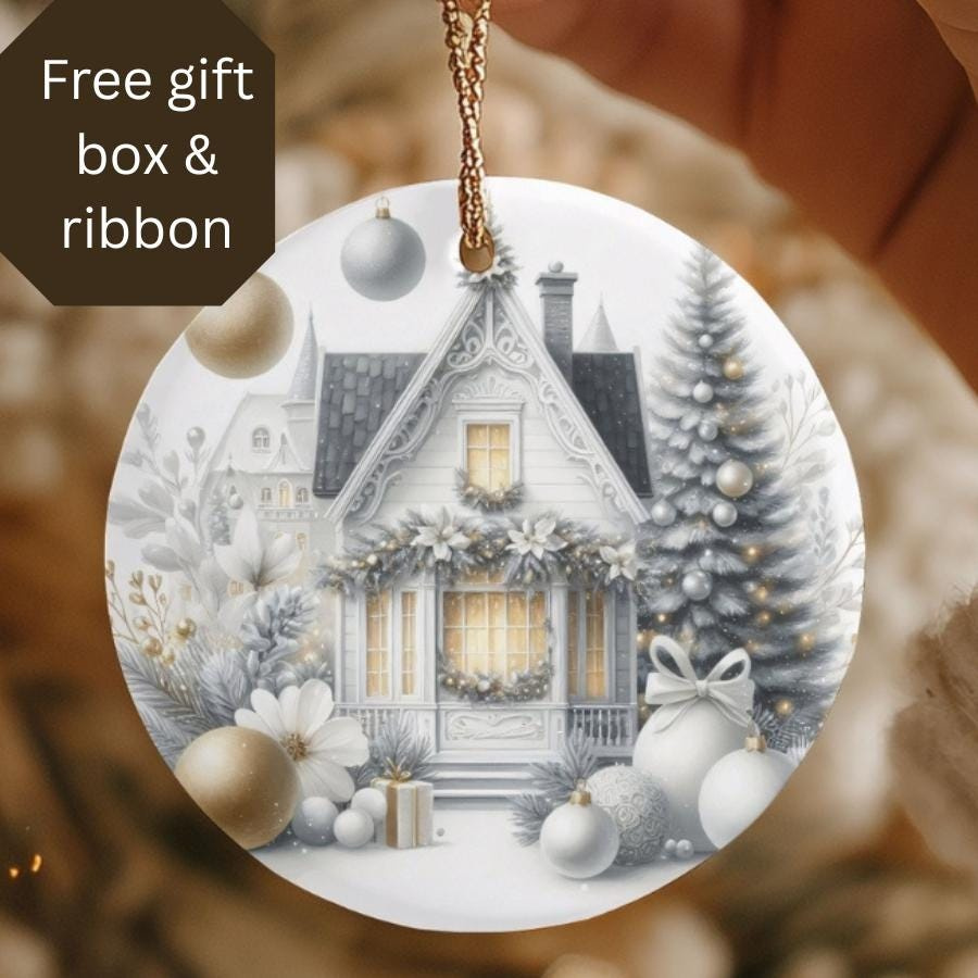 Ceramic Christmas Ornament with Snowy White House Scene, Round Glossy 3x3 Keepsake Gift
