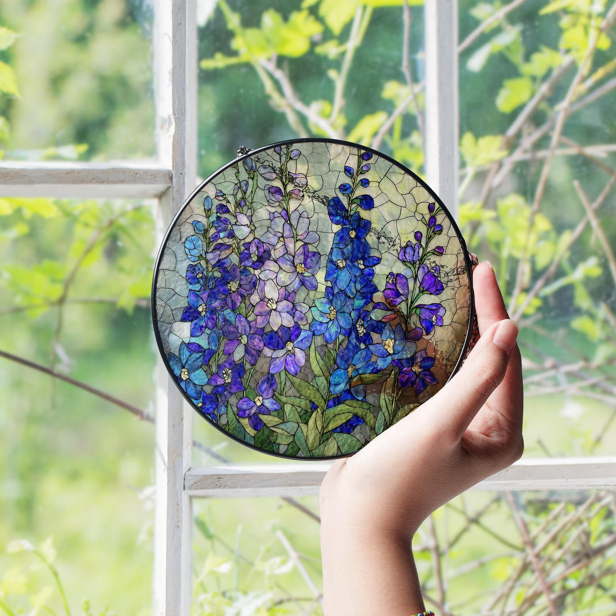 July Birth Flower Larkspur Stained Glass Suncatcher – Floral Window Art, Birthday Month Gift for Home Garden 1 - MeasureMason July Birth Flower Larkspur Stained Glass Suncatcher – Floral Window Art, Birthday Month Gift for Home Garden 1
