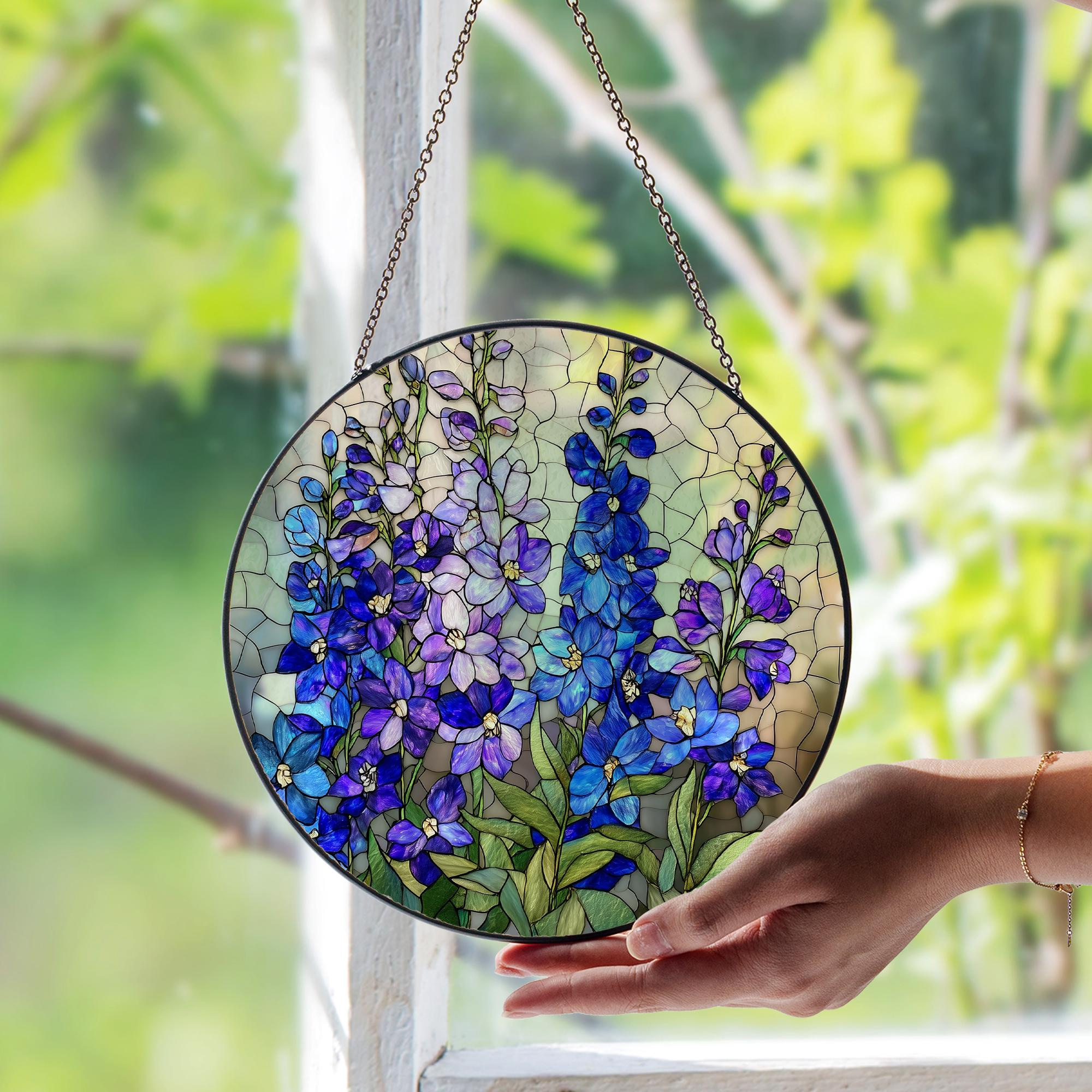 July Birth Flower Larkspur Stained Glass Suncatcher – Floral Window Art, Birthday Month Gift for Home Garden