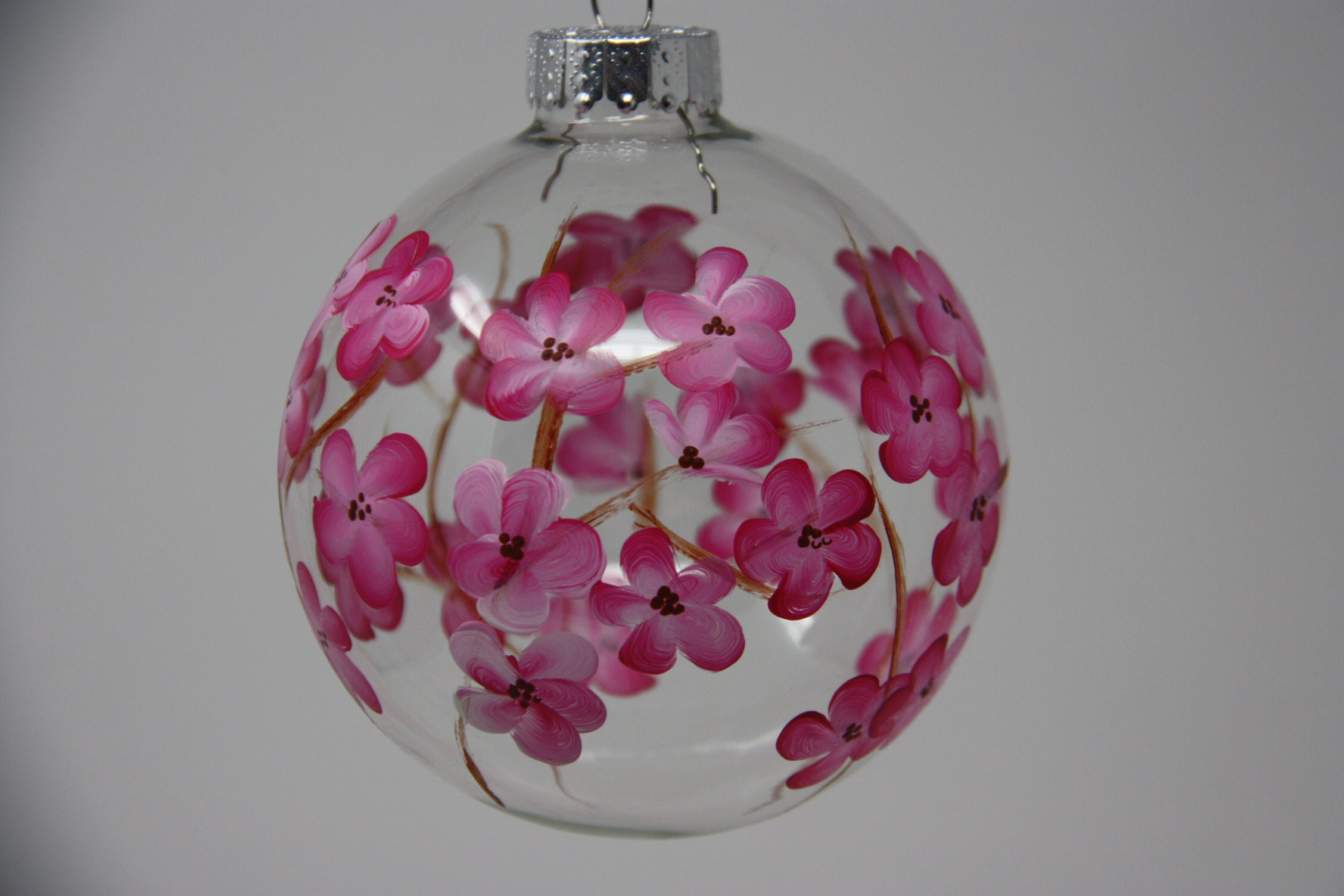Hand Painted Round Glass Christmas Ornament Cherry Blossom Floral Design 80-100mm Holiday Tree Decor 1 - MeasureMason Hand Painted Round Glass Christmas Ornament Cherry Blossom Floral Design 80-100mm Holiday Tree Decor 1
