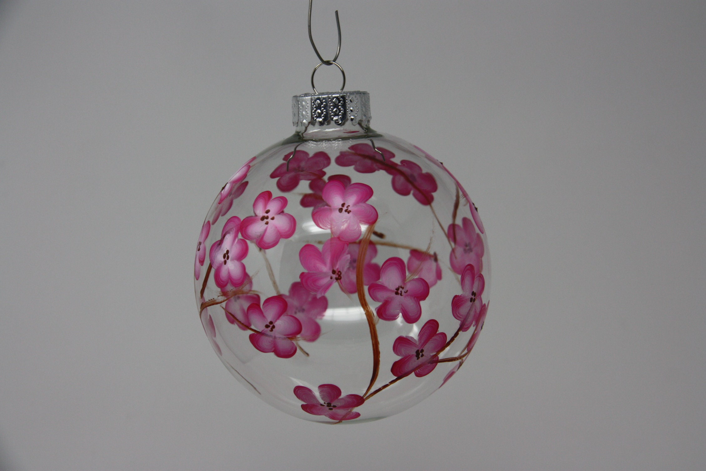 Hand Painted Round Glass Christmas Ornament Cherry Blossom Floral Design 80-100mm Holiday Tree Decor 4 - MeasureMason Hand Painted Round Glass Christmas Ornament Cherry Blossom Floral Design 80-100mm Holiday Tree Decor 4