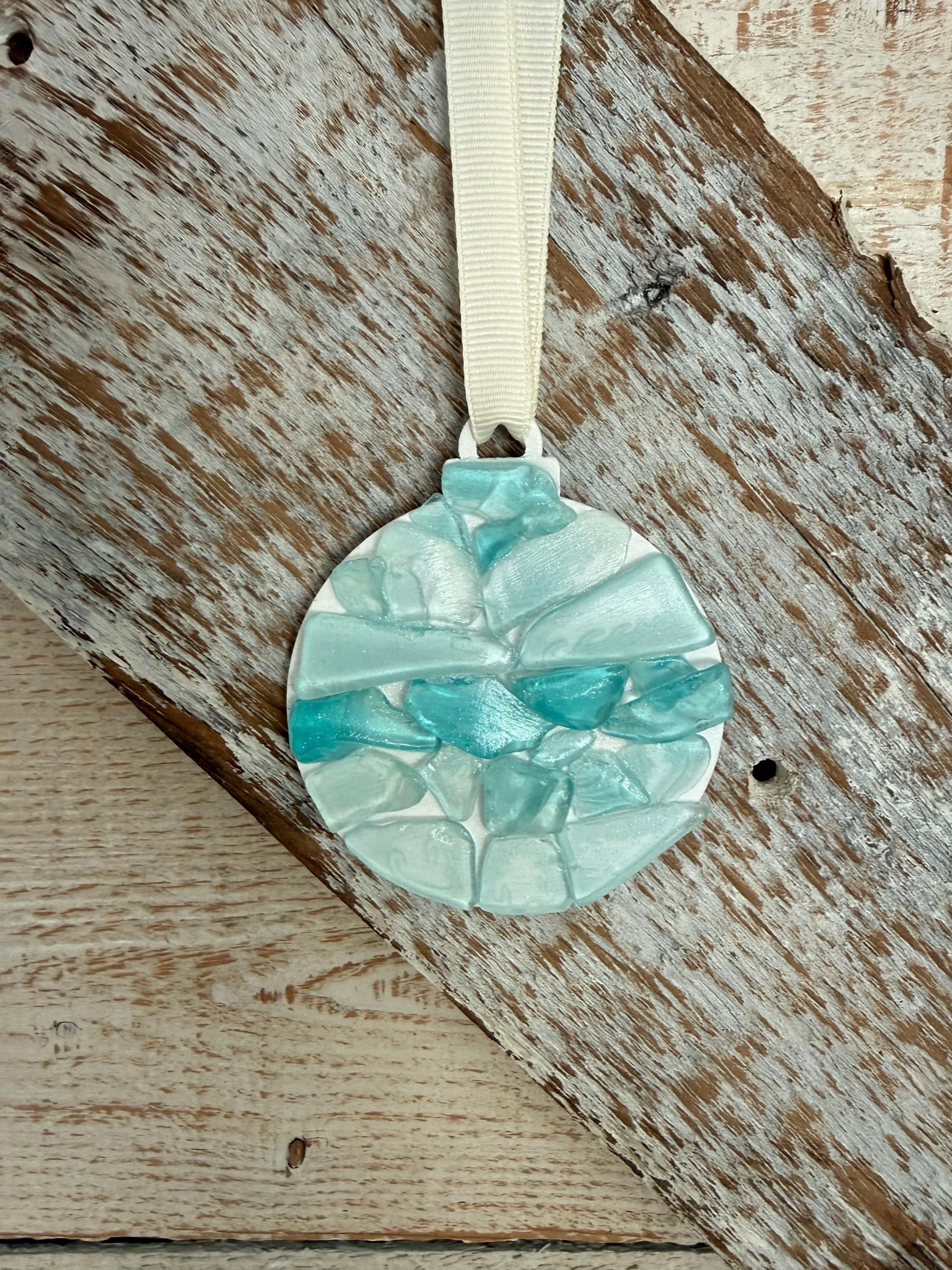 Turquoise Sea Glass Christmas Ornament - Handmade Round Holiday Tree Decoration with Ribbon Turquoise Sea Glass Christmas Ornament - Handmade Round Holiday Tree Decoration with Ribbon