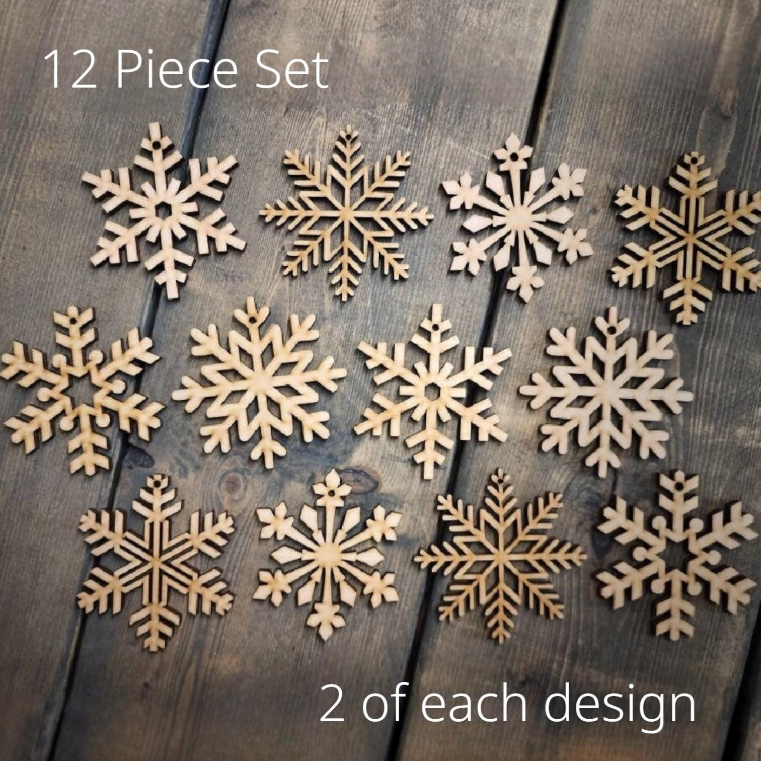 Wooden Snowflake Ornaments 12 Piece Set, Boho Christmas Tree Decor, Farmhouse Holiday, Laser Cut Wood Ornaments 1 - MeasureMason Wooden Snowflake Ornaments 12 Piece Set, Boho Christmas Tree Decor, Farmhouse Holiday, Laser Cut Wood Ornaments 1