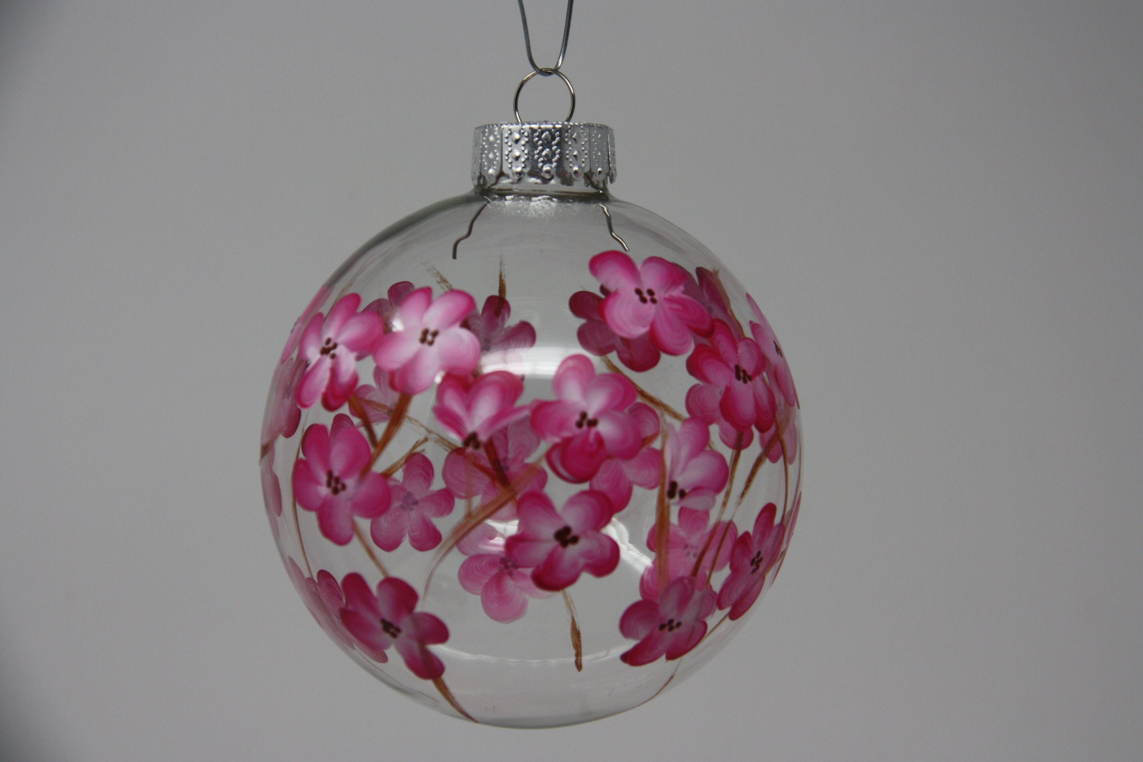 Hand Painted Round Glass Christmas Ornament Cherry Blossom Floral Design 80-100mm Holiday Tree Decor