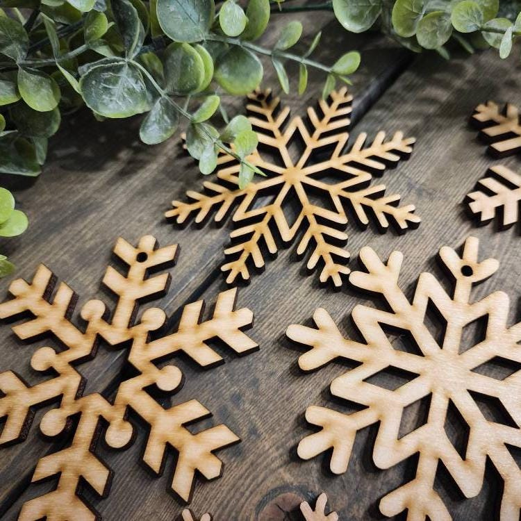 Wooden Snowflake Ornaments 12 Piece Set, Boho Christmas Tree Decor, Farmhouse Holiday, Laser Cut Wood Ornaments 2 - MeasureMason Wooden Snowflake Ornaments 12 Piece Set, Boho Christmas Tree Decor, Farmhouse Holiday, Laser Cut Wood Ornaments 2