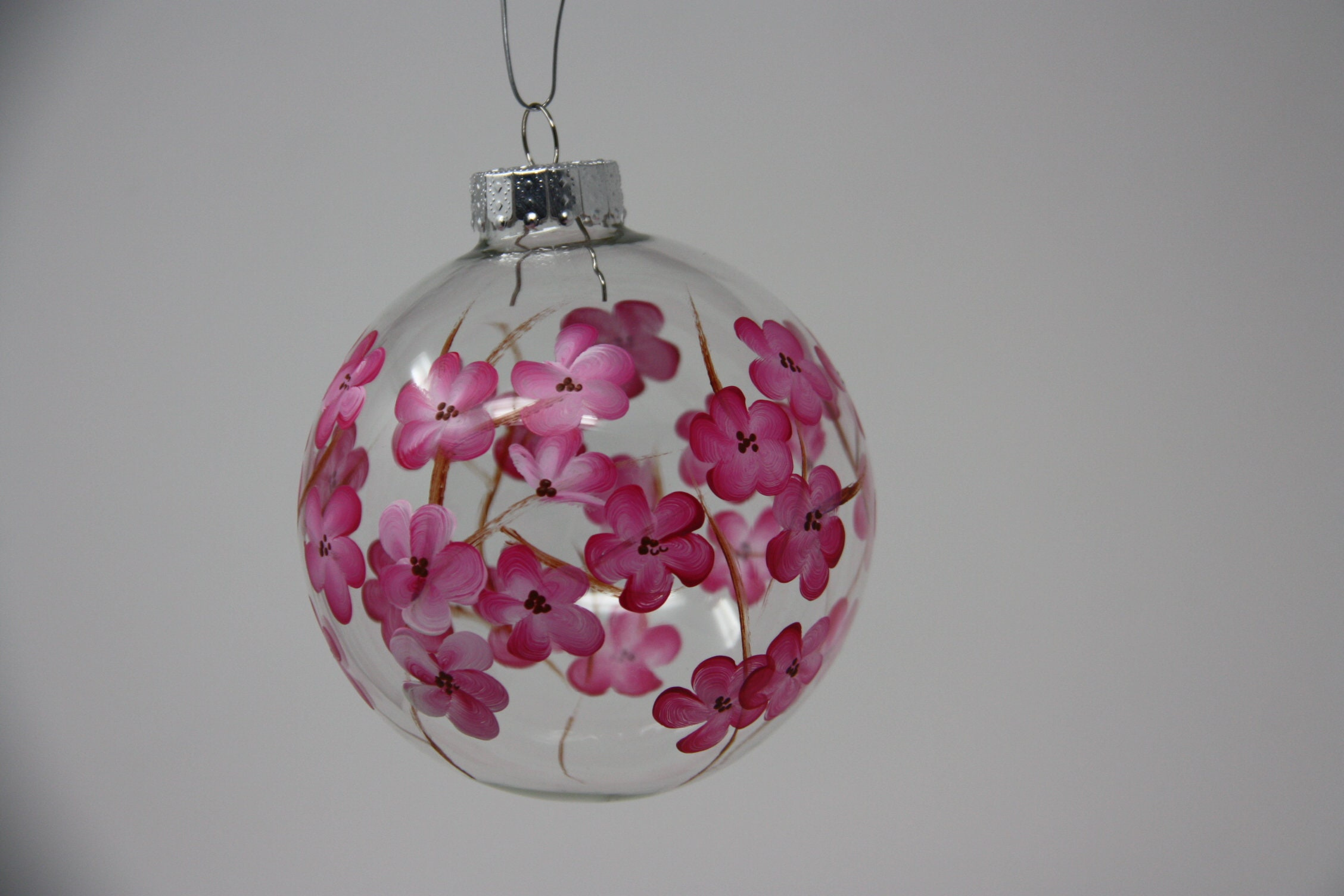 Hand Painted Round Glass Christmas Ornament Cherry Blossom Floral Design 80-100mm Holiday Tree Decor 3 - MeasureMason Hand Painted Round Glass Christmas Ornament Cherry Blossom Floral Design 80-100mm Holiday Tree Decor 3