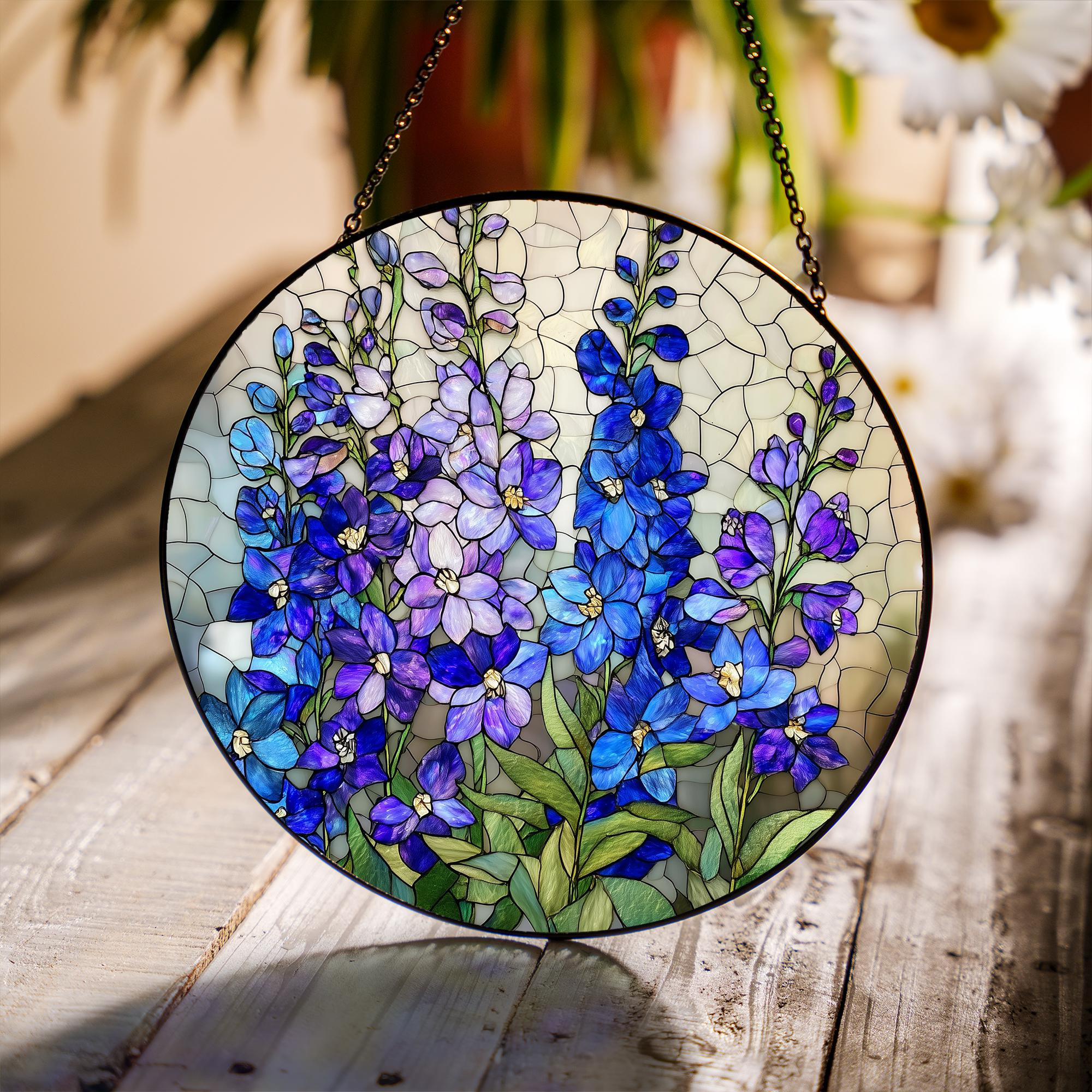 July Birth Flower Larkspur Stained Glass Suncatcher – Floral Window Art, Birthday Month Gift for Home Garden 3 - MeasureMason July Birth Flower Larkspur Stained Glass Suncatcher – Floral Window Art, Birthday Month Gift for Home Garden 3