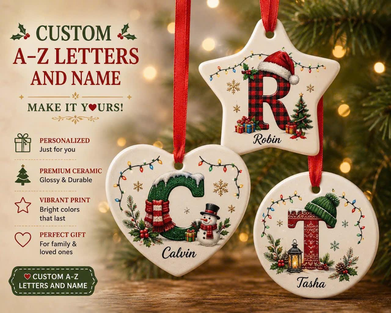 Custom Ceramic Christmas Ornament with A-Z Letter & Name, Personalized Round Star Heart Shape Holiday Tree Decoration Gi 4 - MeasureMason Custom Ceramic Christmas Ornament with A-Z Letter & Name, Personalized Round Star Heart Shape Holiday Tree Decoration Gi 4