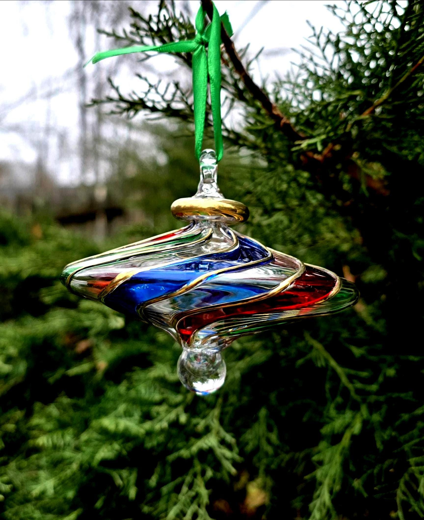 Handmade Blown Glass Ornament with Golden Swirls, Multicolor Christmas Decor Handmade Blown Glass Ornament with Golden Swirls, Multicolor Christmas Decor