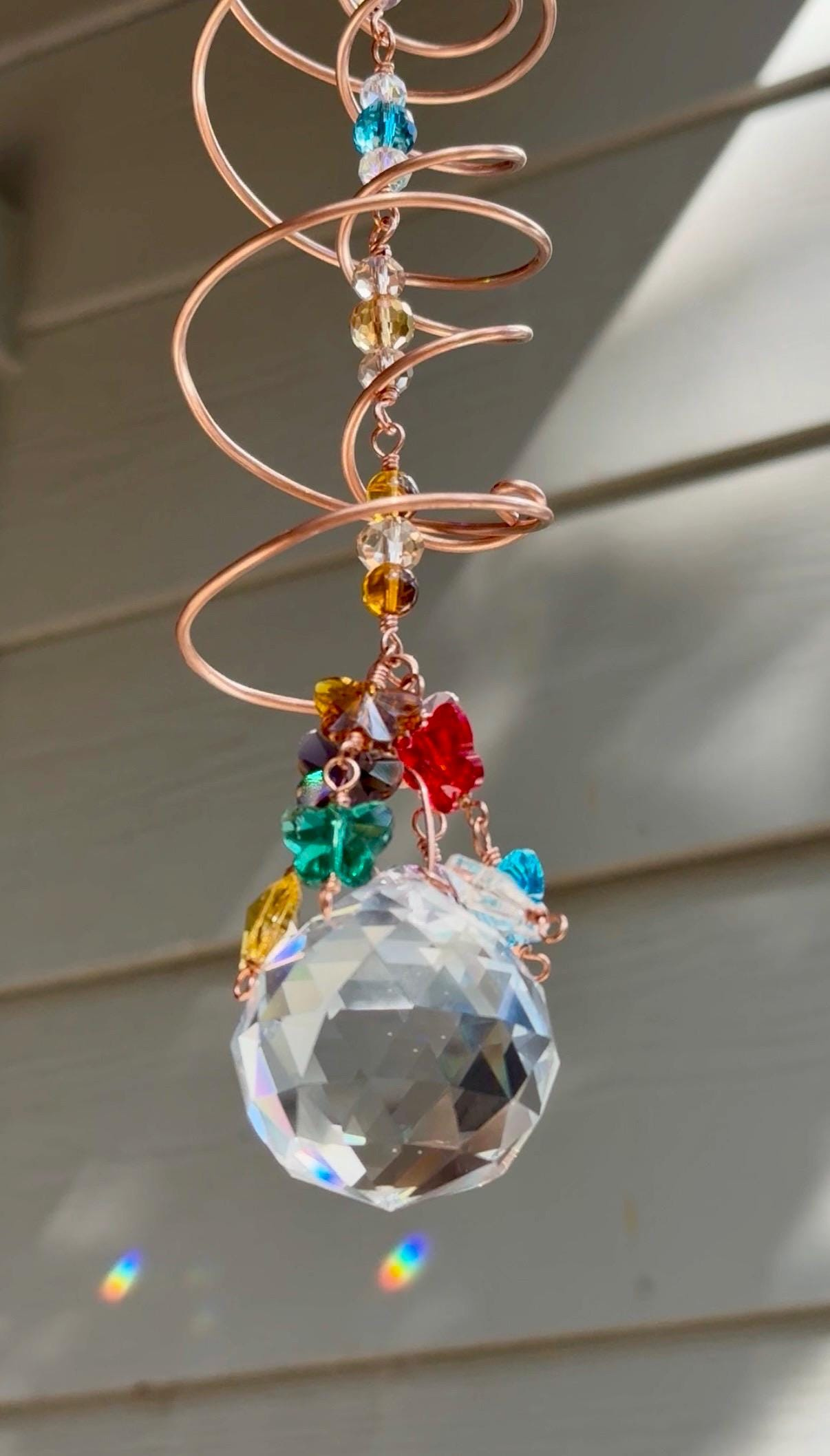Copper Spiral Suncatcher - Rainbow Maker Crystal Prism Window Hanging, Boho Spinner Handmade Gift Copper Spiral Suncatcher - Rainbow Maker Crystal Prism Window Hanging, Boho Spinner Handmade Gift