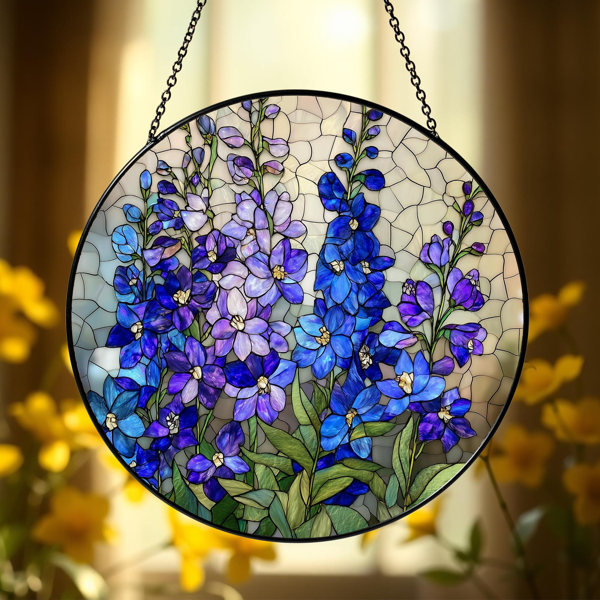 July Birth Flower Larkspur Stained Glass Suncatcher – Floral Window Art, Birthday Month Gift for Home Garden 2 - MeasureMason July Birth Flower Larkspur Stained Glass Suncatcher – Floral Window Art, Birthday Month Gift for Home Garden 2
