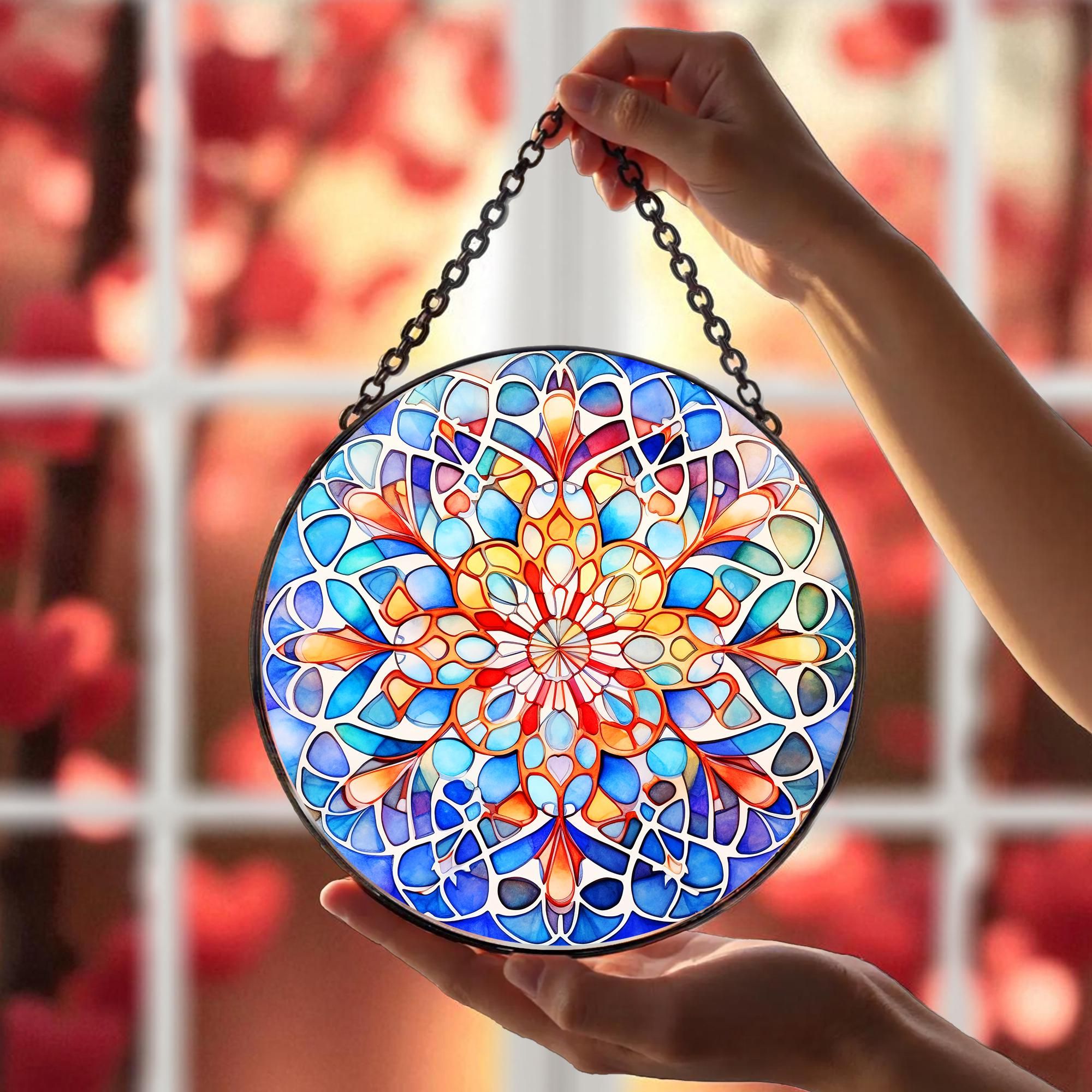 Handcrafted Stained Glass Mandala Suncatcher - Spiritual Boho Window Hanging Home Accent 1 - MeasureMason Handcrafted Stained Glass Mandala Suncatcher - Spiritual Boho Window Hanging Home Accent 1