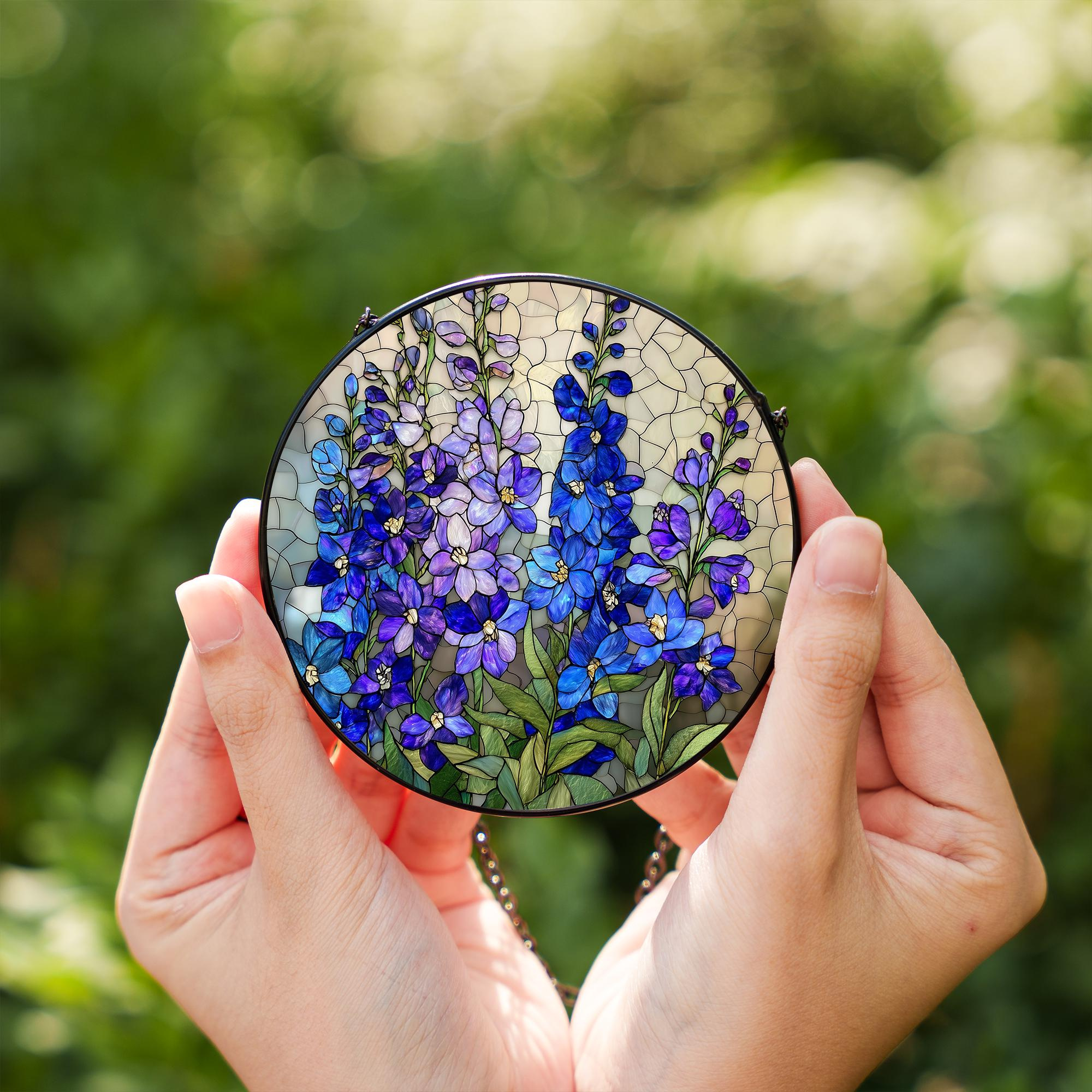 July Birth Flower Larkspur Stained Glass Suncatcher – Floral Window Art, Birthday Month Gift for Home Garden 4 - MeasureMason July Birth Flower Larkspur Stained Glass Suncatcher – Floral Window Art, Birthday Month Gift for Home Garden 4