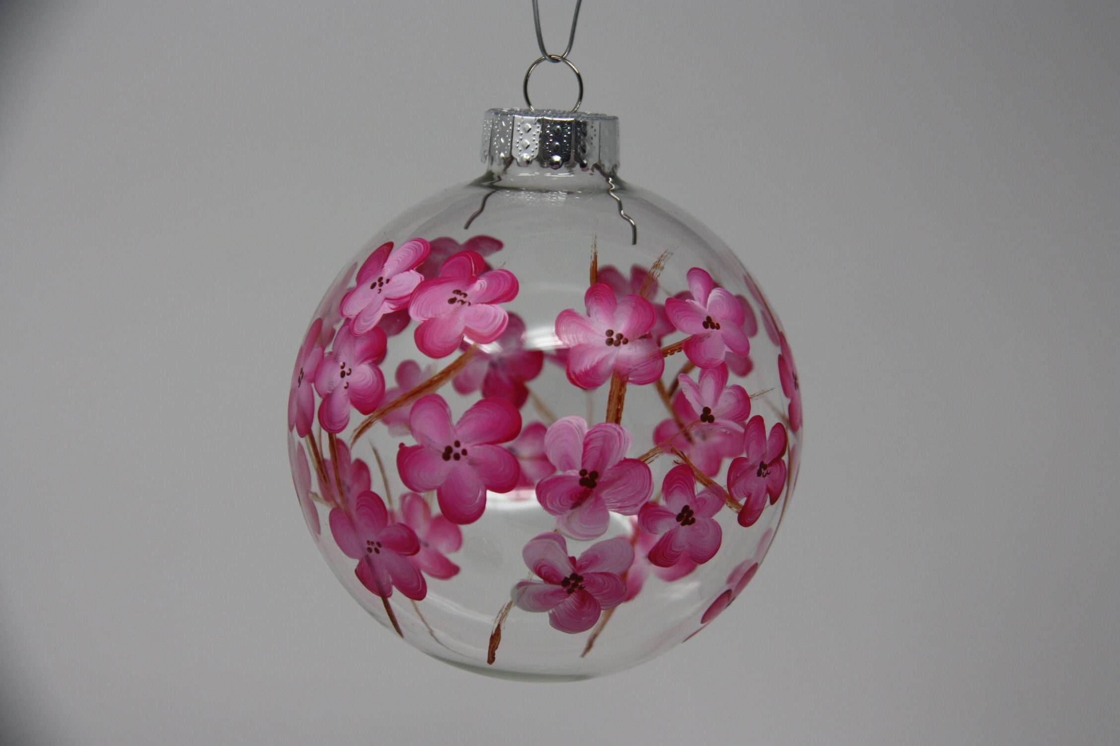 Hand Painted Round Glass Christmas Ornament Cherry Blossom Floral Design 80-100mm Holiday Tree Decor 2 - MeasureMason Hand Painted Round Glass Christmas Ornament Cherry Blossom Floral Design 80-100mm Holiday Tree Decor 2