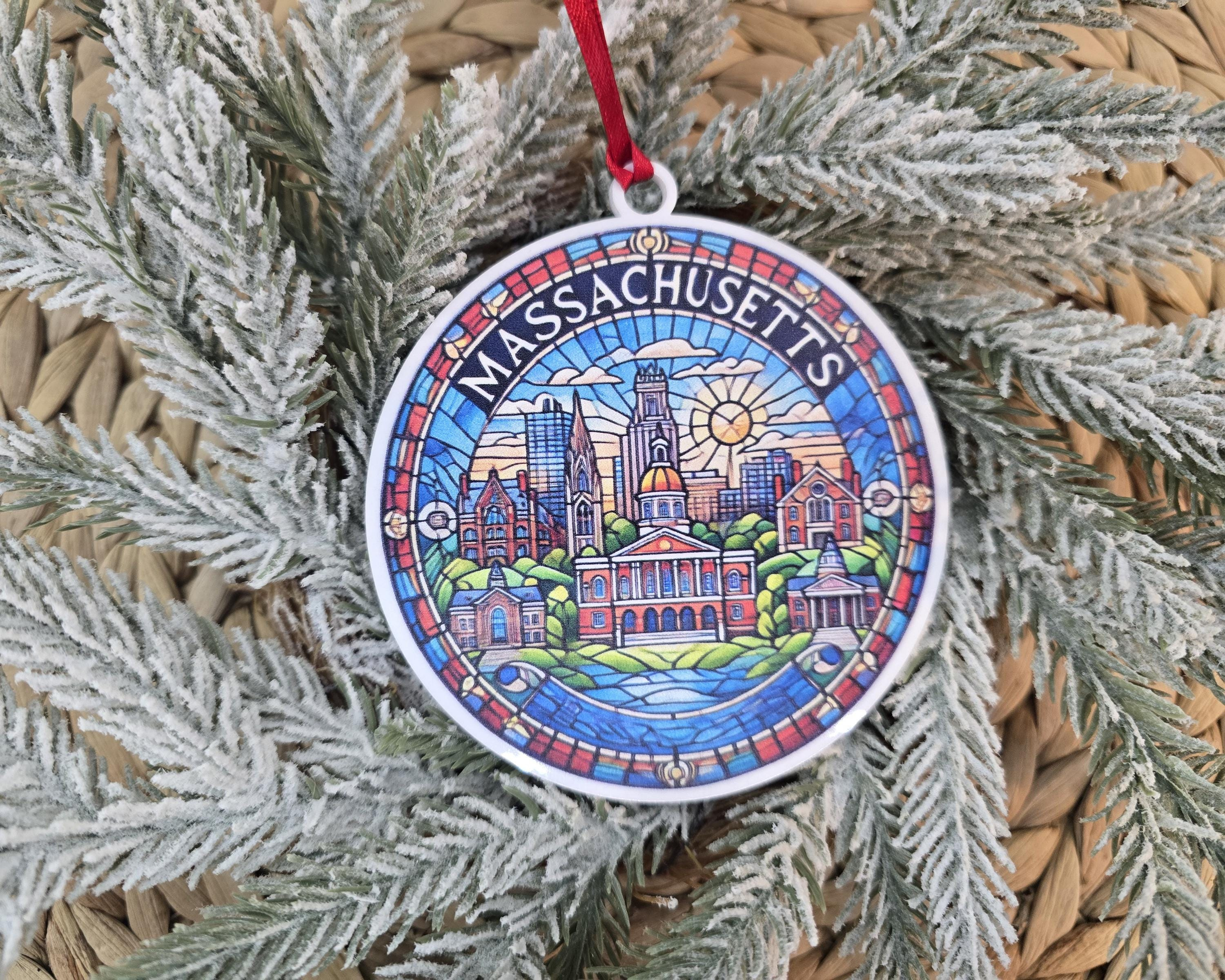 Massachusetts Acrylic Ornament, Stained Glass Inspired State Souvenir Keepsake