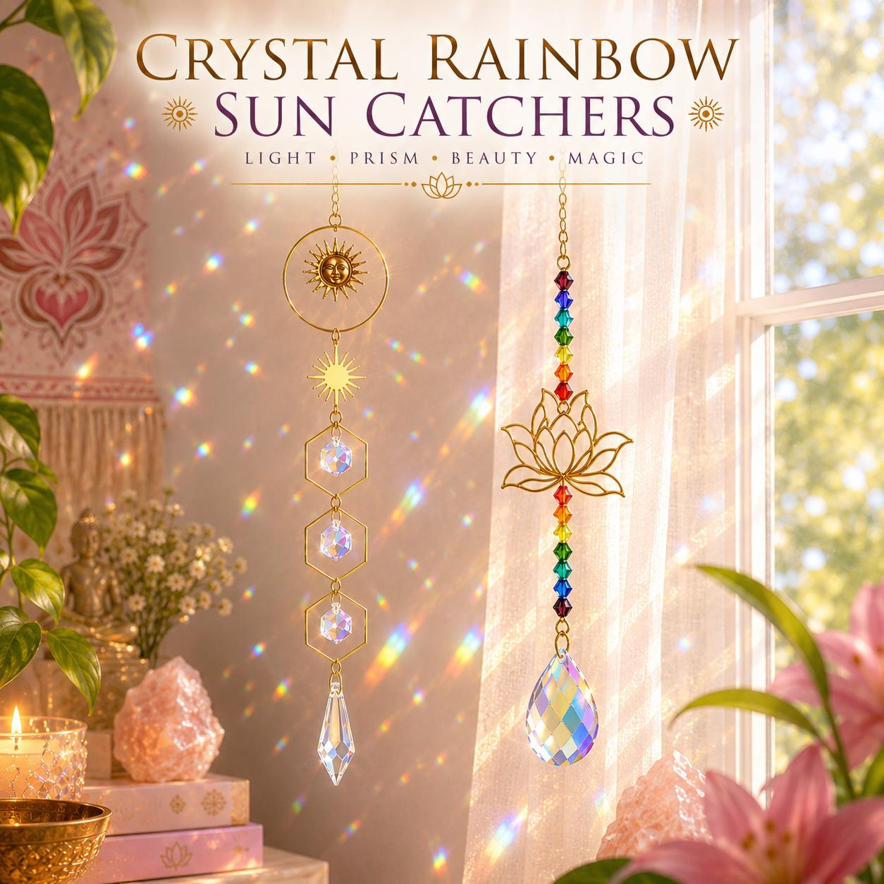 Crystal Sun Catcher with Rainbow Prism - Lotus & Sun Window Decor for Home & Meditation Crystal Sun Catcher with Rainbow Prism - Lotus & Sun Window Decor for Home & Meditation