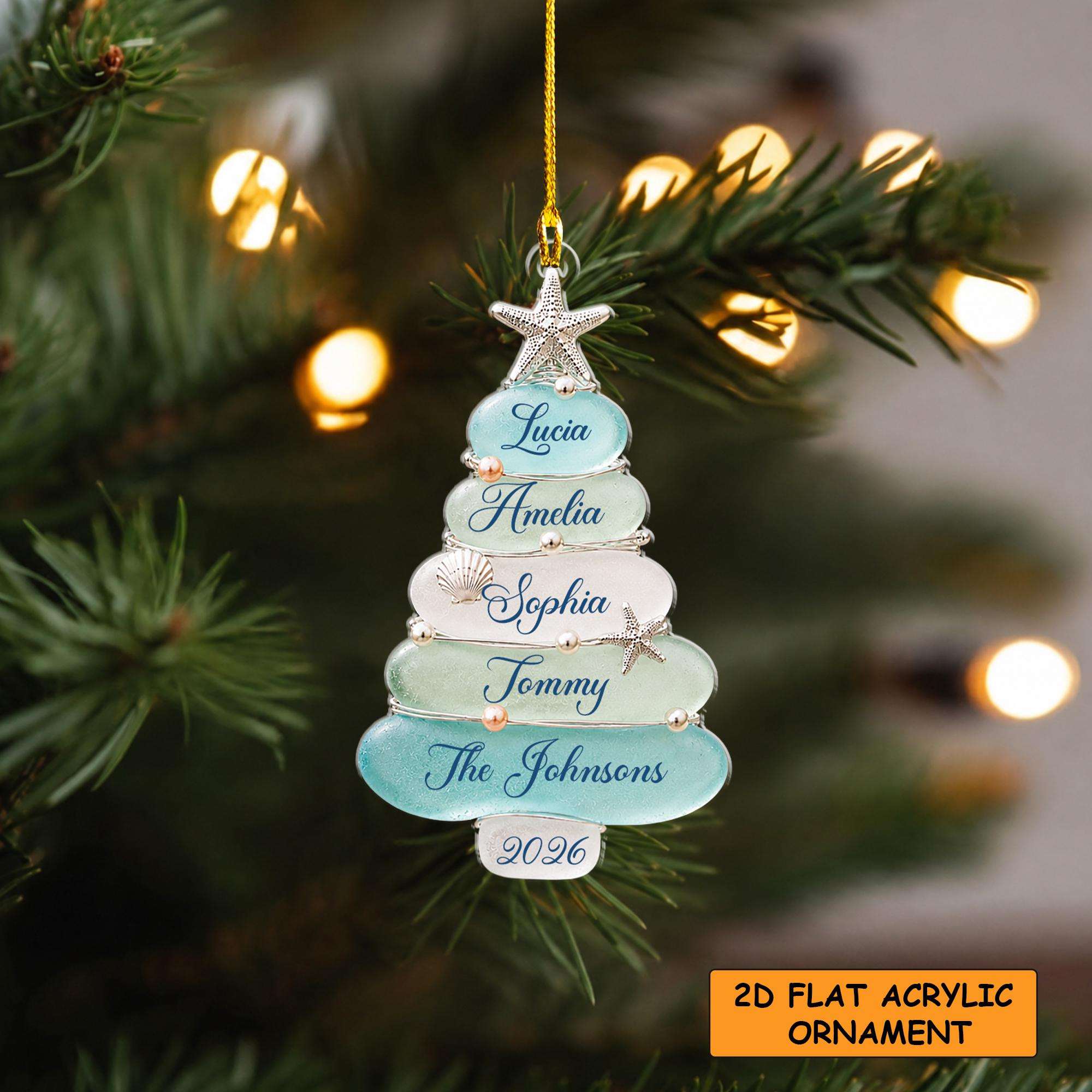 Personalized Sea Glass Christmas Ornament, Custom Family Name, Coastal Holiday Decor