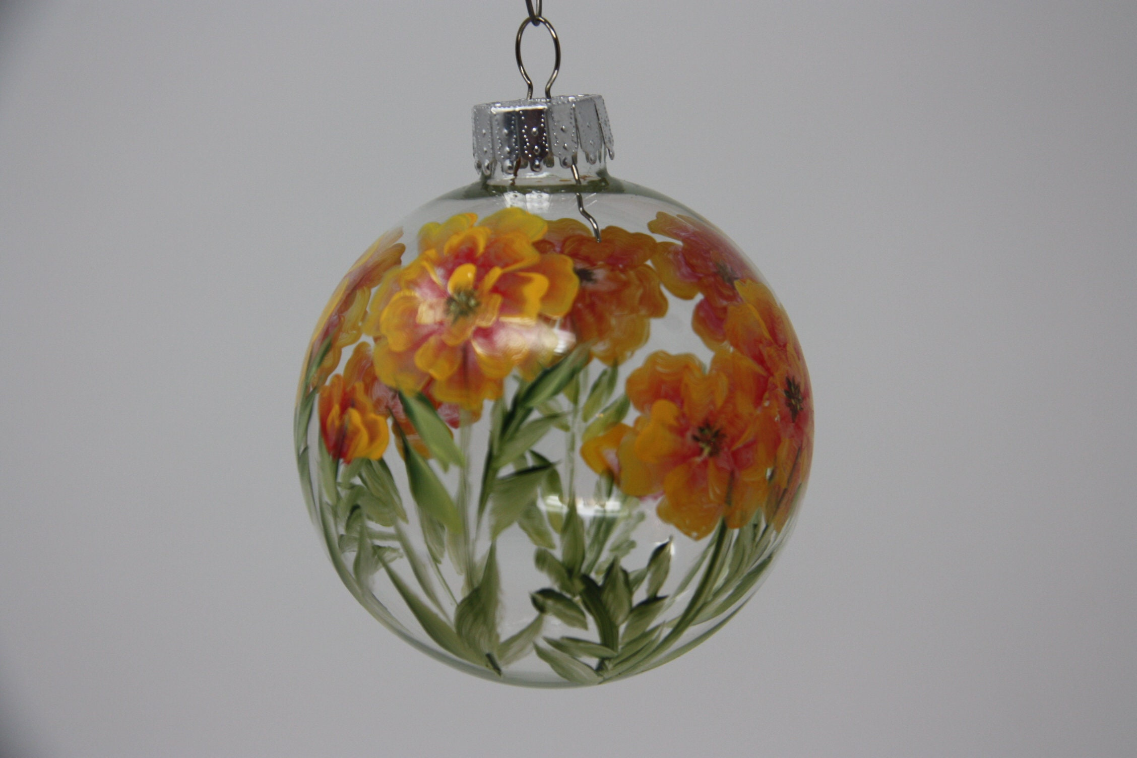 Hand Painted Glass Christmas Ornament with Marigold Floral Design 1 - MeasureMason Hand Painted Glass Christmas Ornament with Marigold Floral Design 1