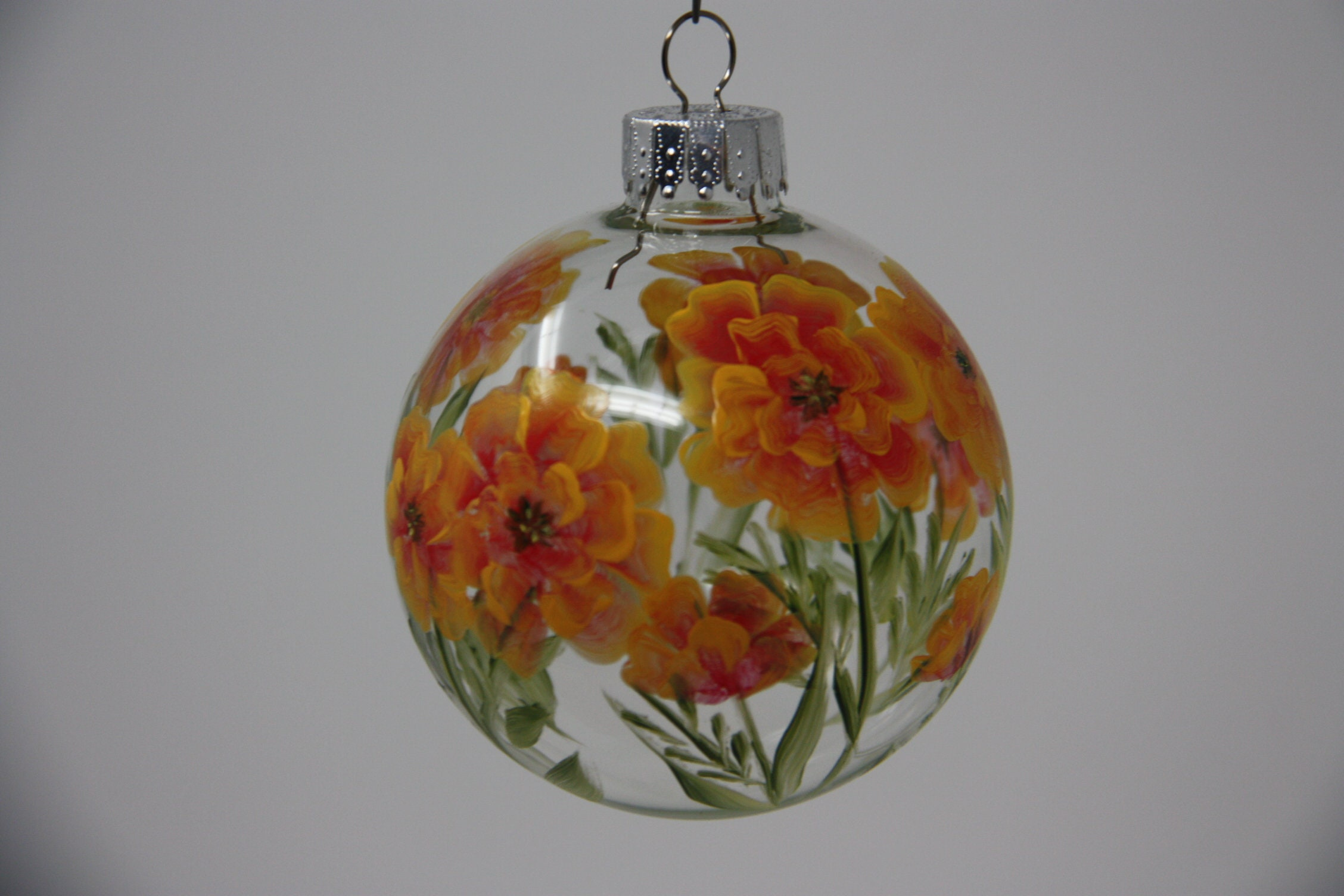 Hand Painted Glass Christmas Ornament with Marigold Floral Design 4 - MeasureMason Hand Painted Glass Christmas Ornament with Marigold Floral Design 4