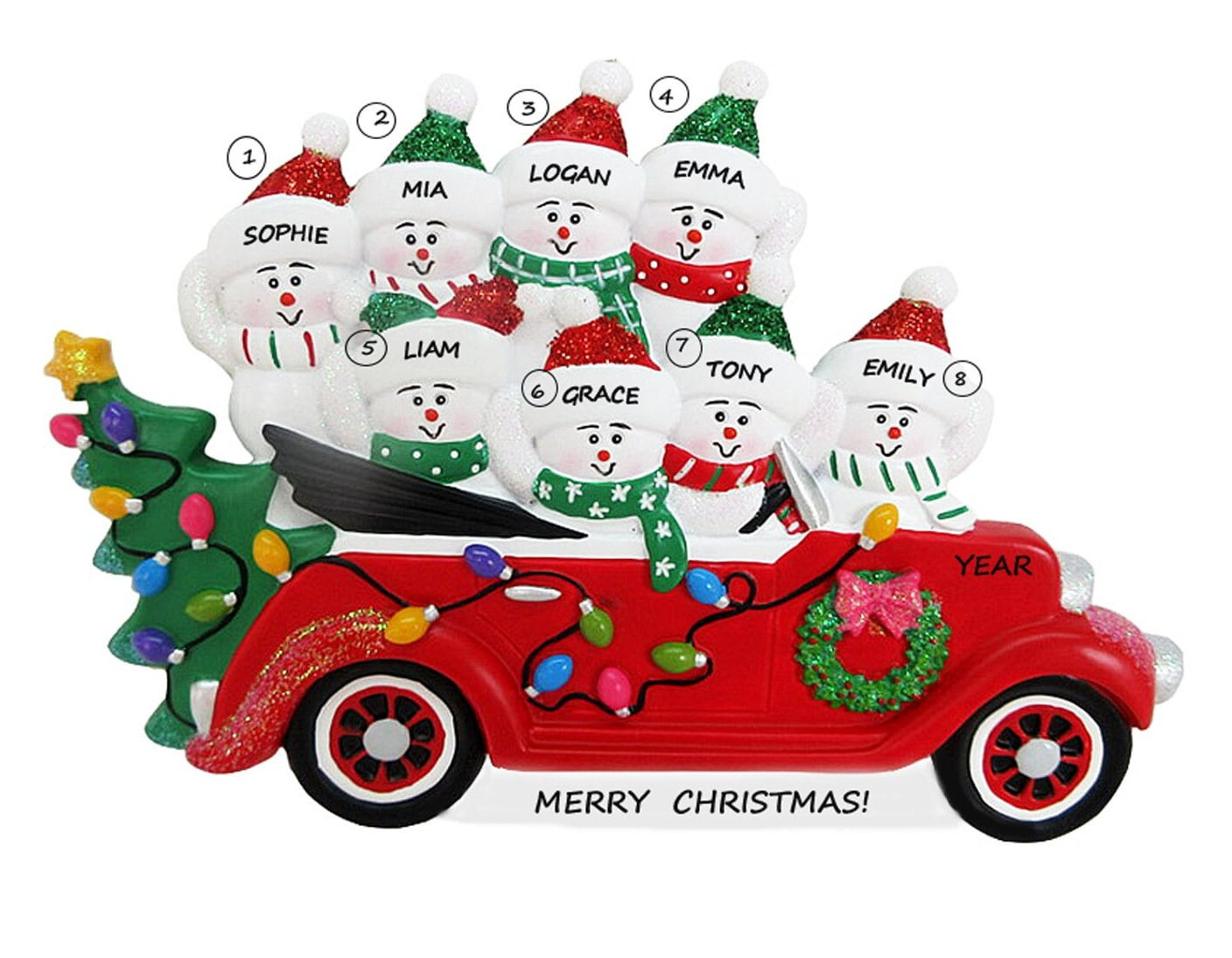 Family of 8 in Red Car Personalized Christmas Ornament - Custom Names Keepsake