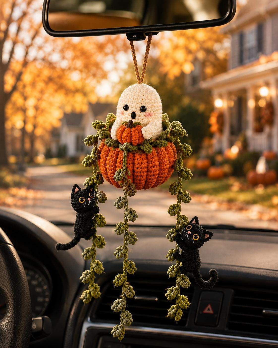Crochet Halloween Car Mirror Charm - Ghost Pumpkin Black Cat Rearview Hanging Decor
