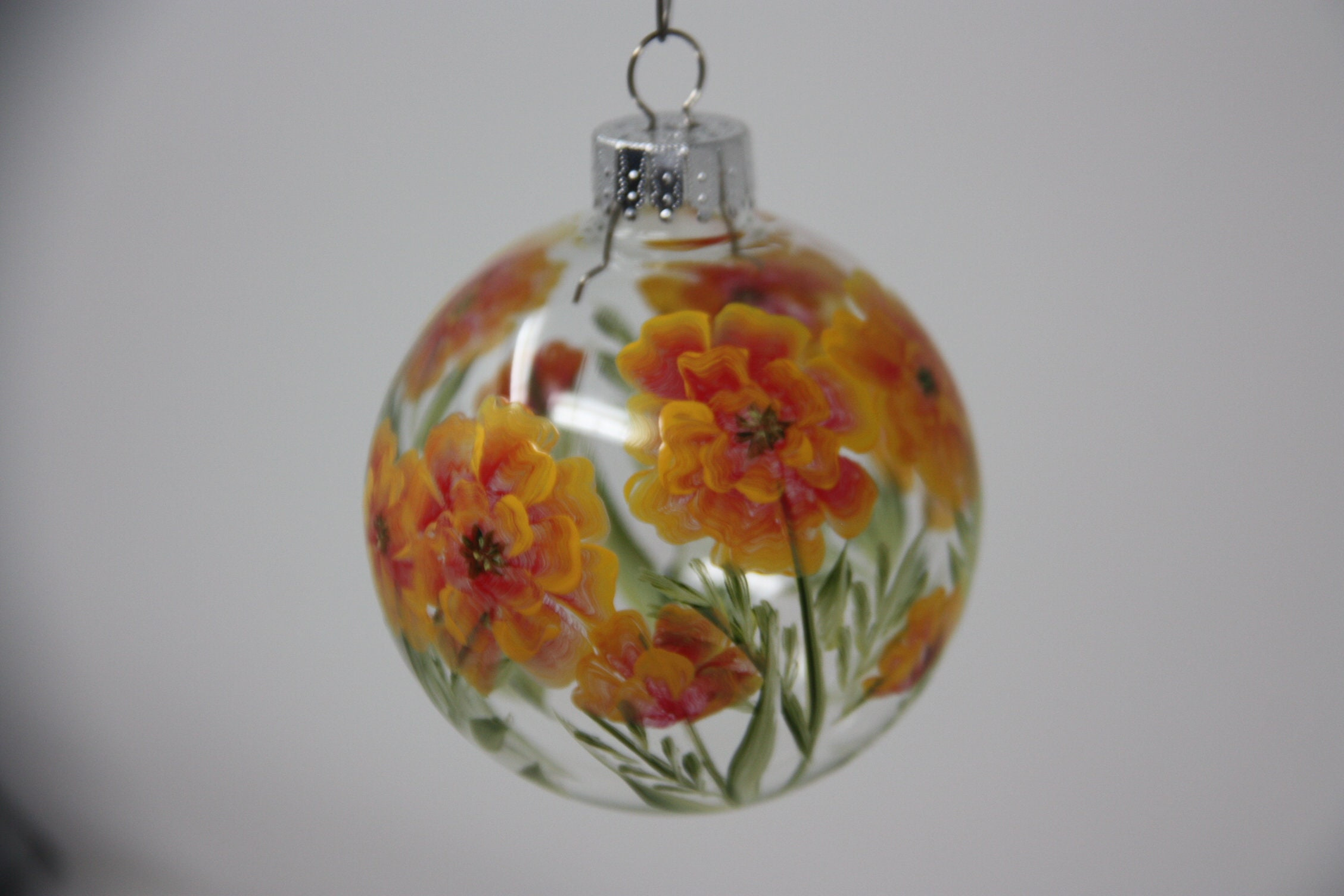Hand Painted Glass Christmas Ornament with Marigold Floral Design 3 - MeasureMason Hand Painted Glass Christmas Ornament with Marigold Floral Design 3