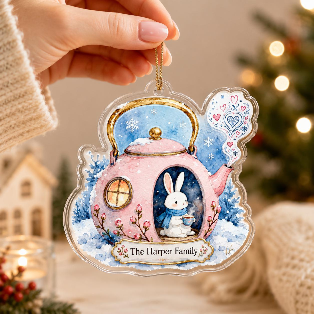2D Flat Personalized Ornament, Bunny Teapot House Custom Name Christmas Acrylic Keepsake Gift 1