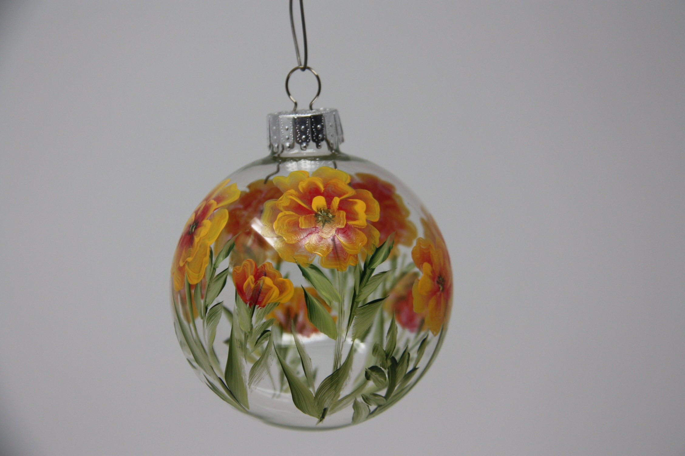 Hand Painted Glass Christmas Ornament with Marigold Floral Design