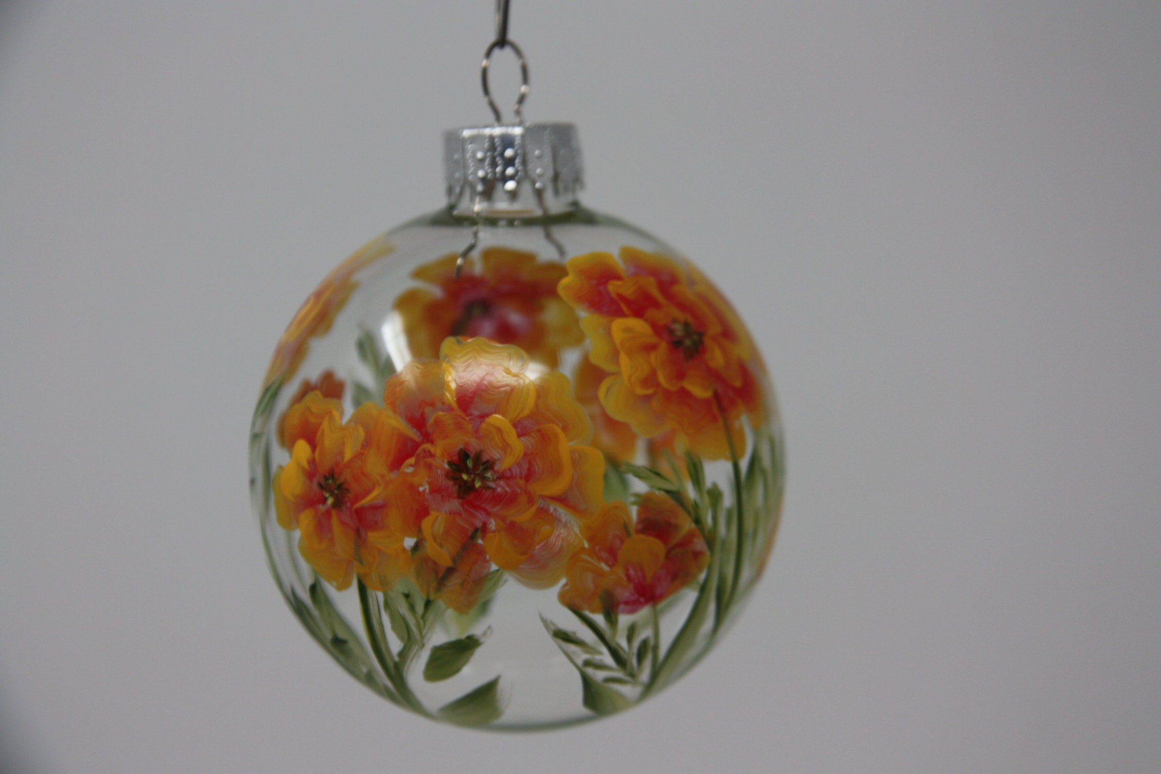 Hand Painted Glass Christmas Ornament with Marigold Floral Design 2 - MeasureMason Hand Painted Glass Christmas Ornament with Marigold Floral Design 2