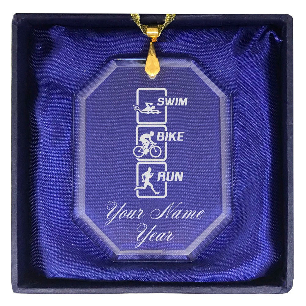Personalized Swim Bike Run Triathlon Christmas Ornament - Laser Engraved Crystal Glass Personalized Swim Bike Run Triathlon Christmas Ornament - Laser Engraved Crystal Glass