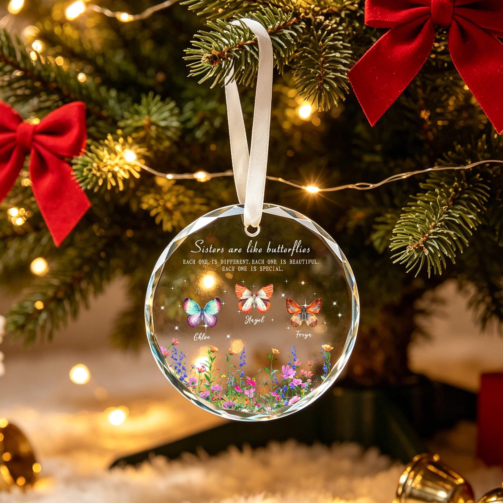 Personalized Crystal Glass Christmas Ornament – Sister Gift with Butterfly & Floral Design 2 - MeasureMason Personalized Crystal Glass Christmas Ornament – Sister Gift with Butterfly & Floral Design 2