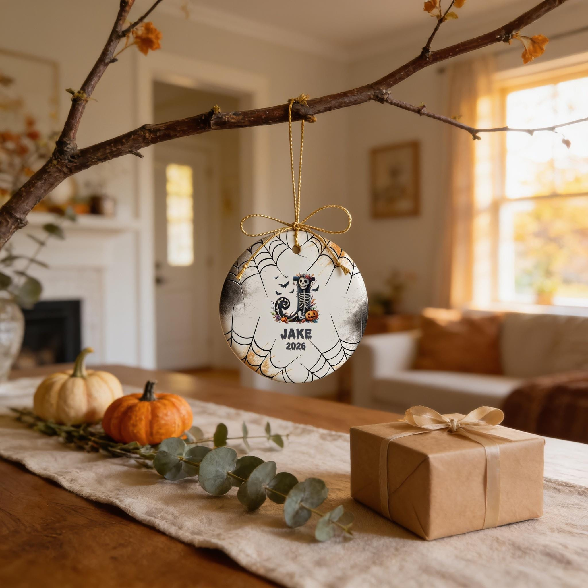 Custom Spooky Fall Gift Halloween Monogram Ceramic Ornament, Personalized Initial Name & Year Custom Spooky Fall Gift Halloween Monogram Ceramic Ornament, Personalized Initial Name & Year