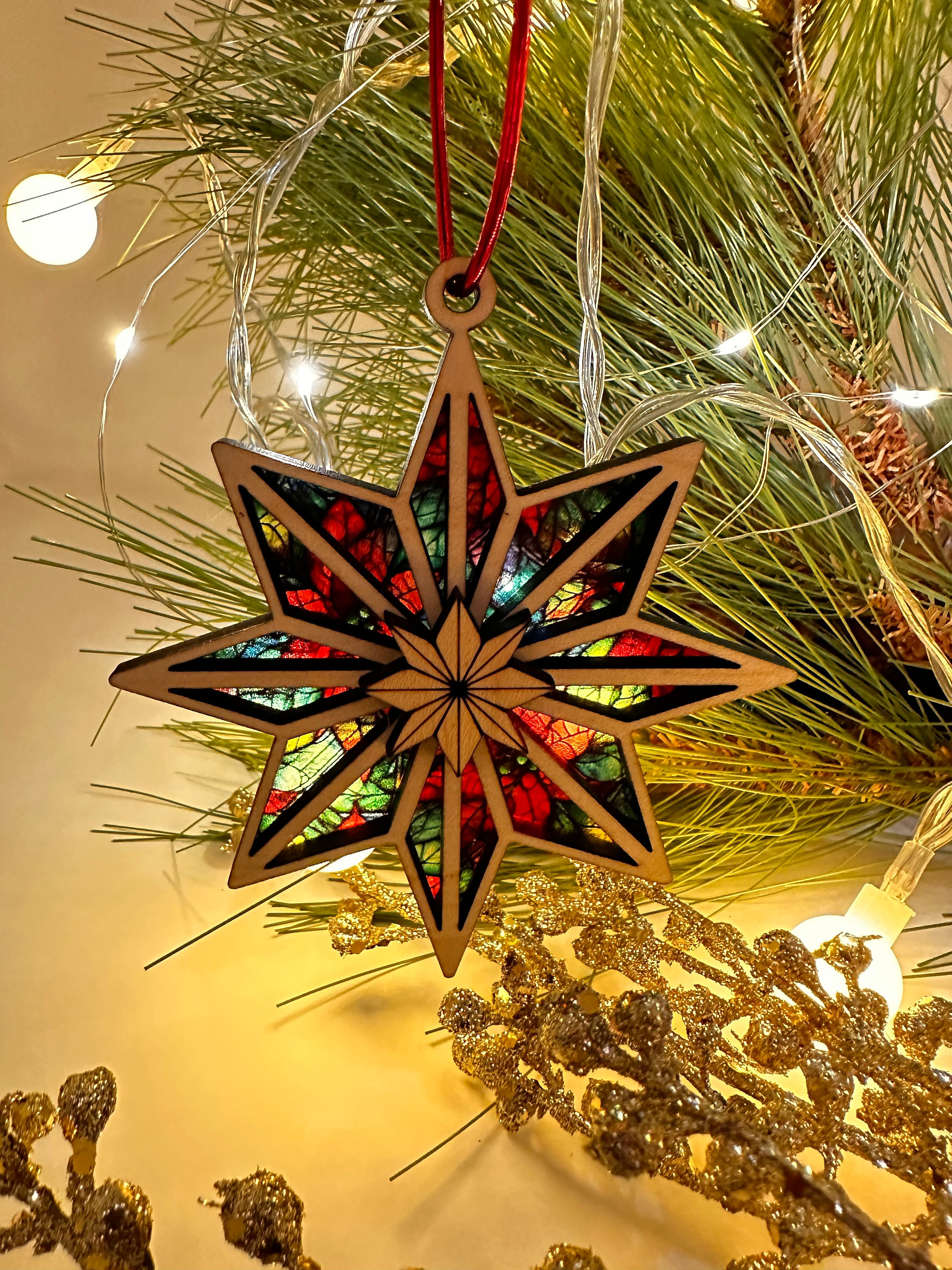 North Star Stained Glass Effect Ornament - Laser Cut Wood Ornament - Christmas Tree Decor 1 - MeasureMason North Star Stained Glass Effect Ornament - Laser Cut Wood Ornament - Christmas Tree Decor 1