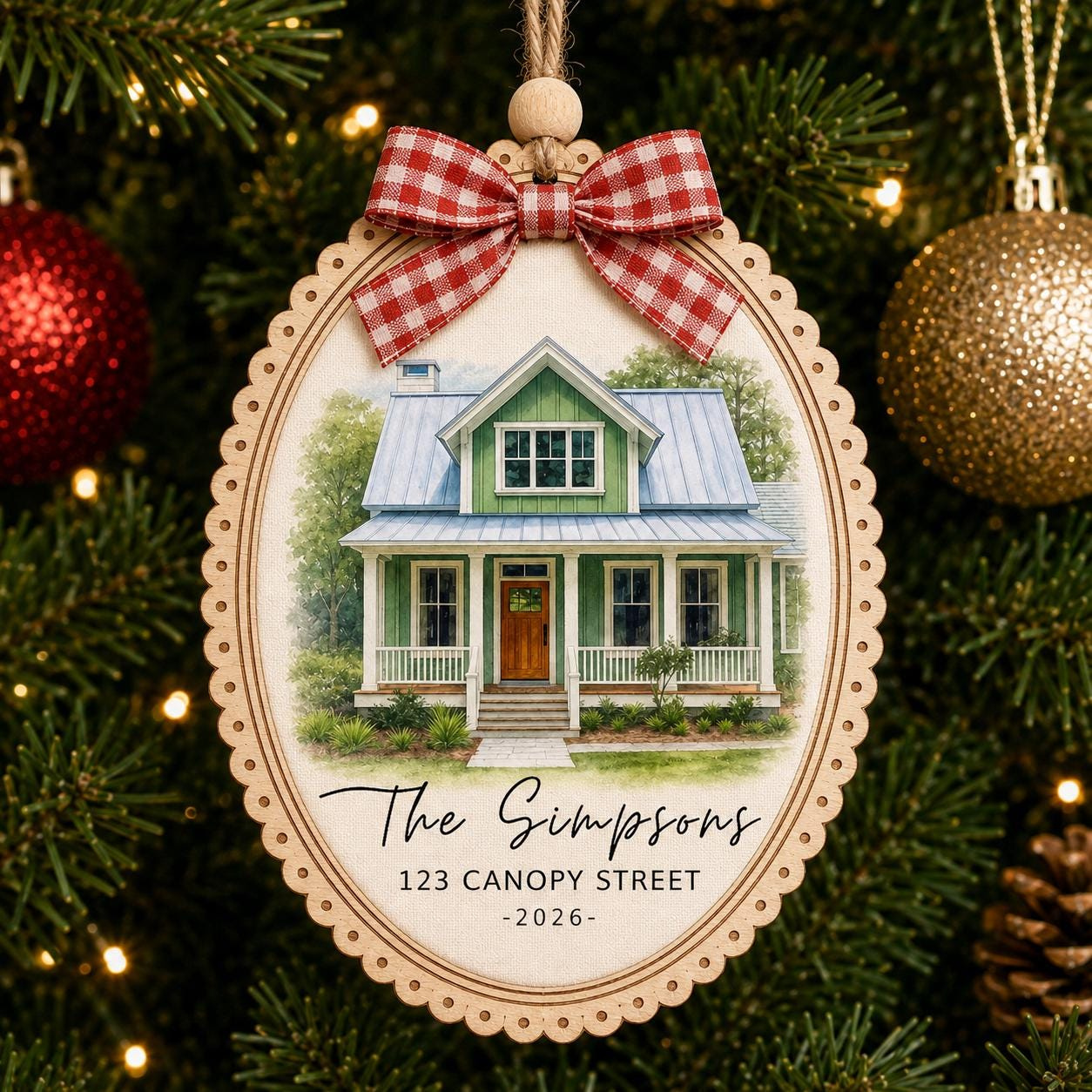 Custom House Portrait Christmas Ornament, Personalized Home Address Wood Frame Canvas Keepsake New Home Gift
