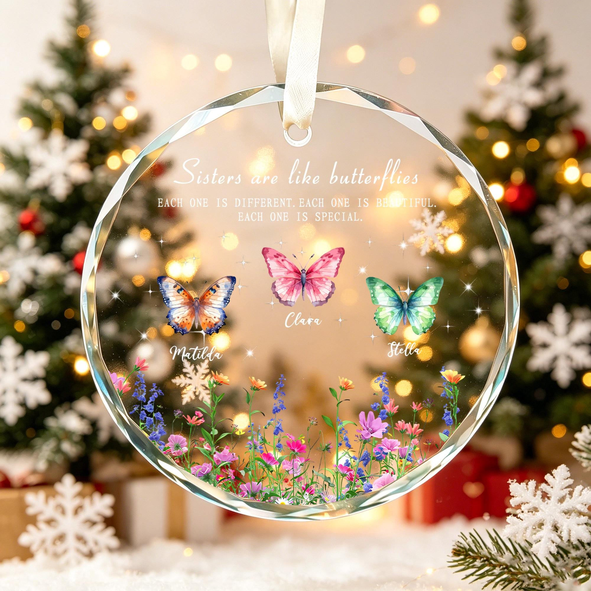 Personalized Crystal Glass Christmas Ornament – Sister Gift with Butterfly & Floral Design 1 - MeasureMason Personalized Crystal Glass Christmas Ornament – Sister Gift with Butterfly & Floral Design 1