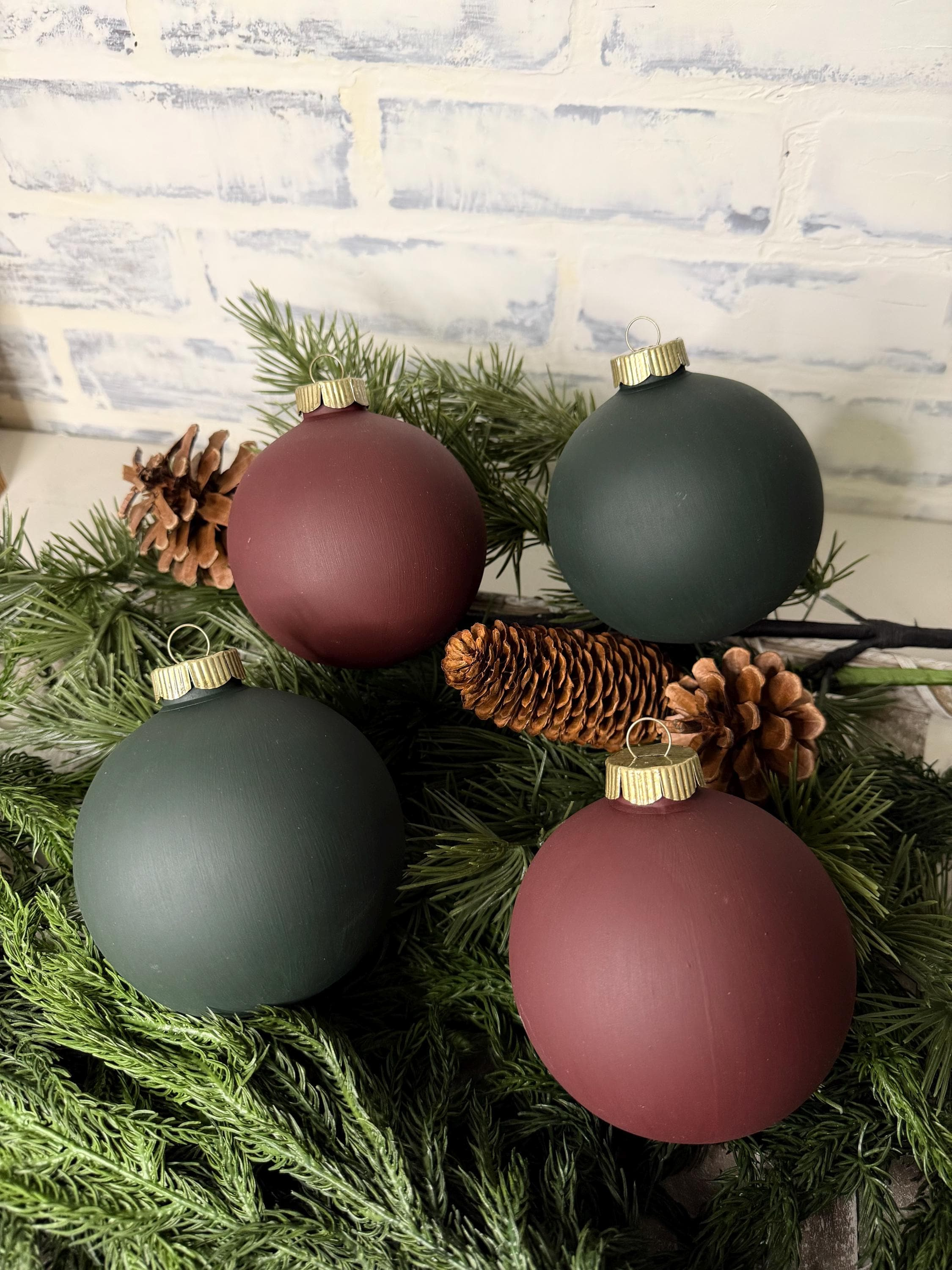 Matte Burgundy & Green Christmas Ornaments Set