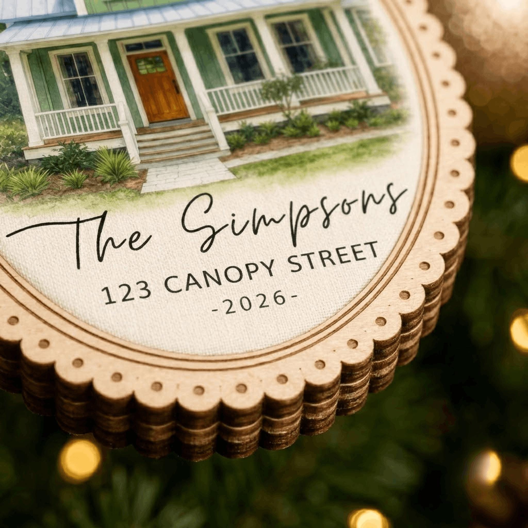 Custom House Portrait Christmas Ornament, Personalized Home Address Wood Frame Canvas Keepsake New Home Gift 1 - MeasureMason Custom House Portrait Christmas Ornament, Personalized Home Address Wood Frame Canvas Keepsake New Home Gift 1