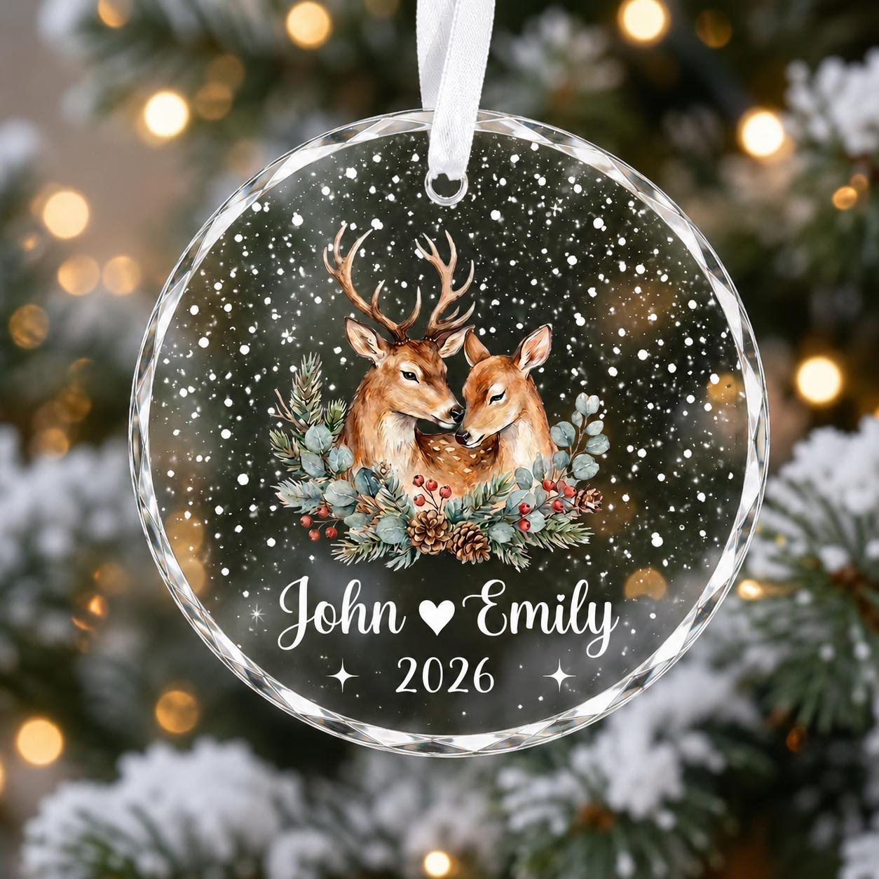 Personalized Deer Christmas Ornament with Custom Couple Names & Year - Stained Glass Holiday Keepsake