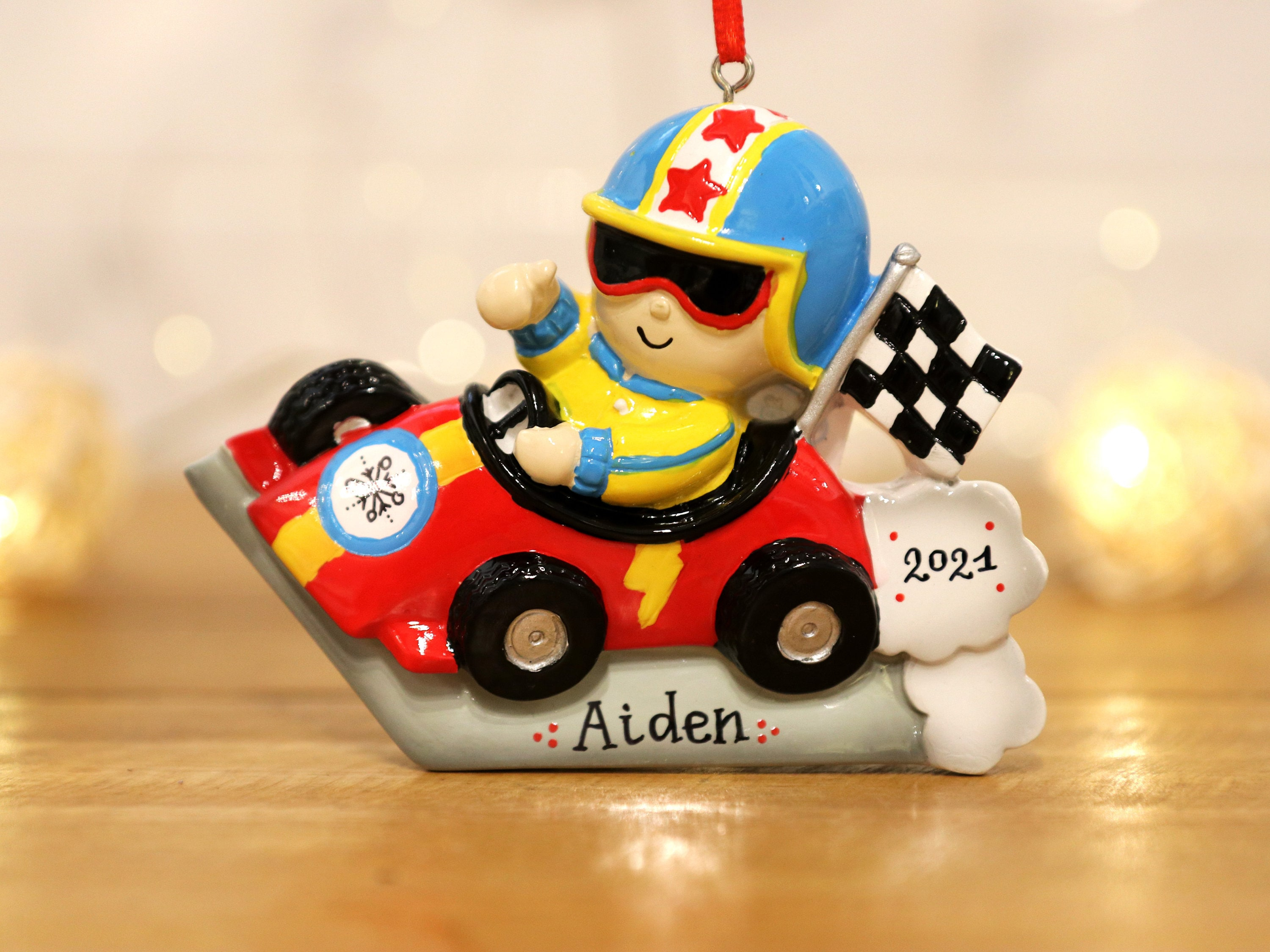 Personalized Race Car Driver Boy Christmas Ornament - Hand-Painted Resin Keepsake Personalized Race Car Driver Boy Christmas Ornament - Hand-Painted Resin Keepsake