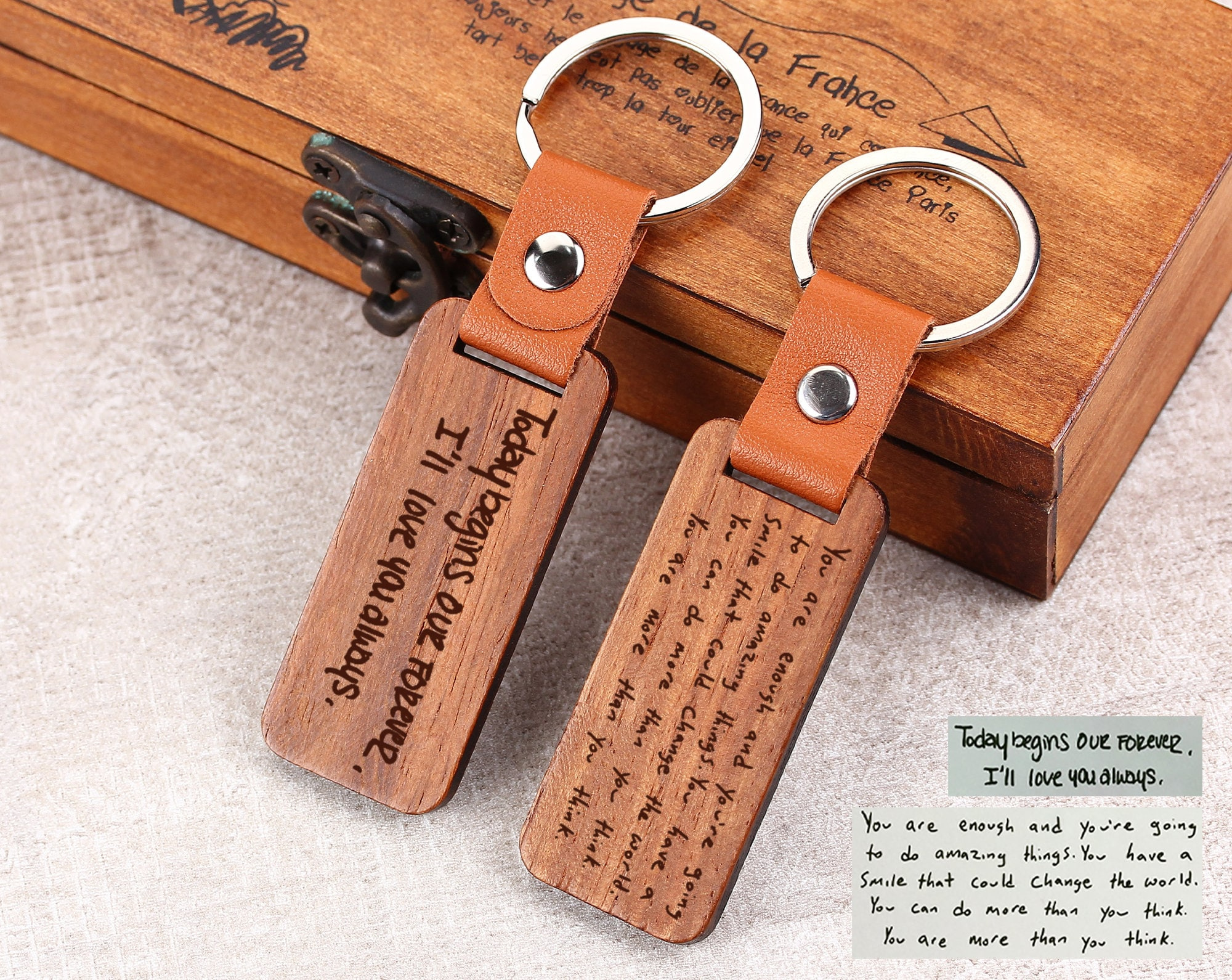 Custom Engraved Wooden Keychain with Handwriting & Photo – Personalized Anniversary Gift for Couples Custom Engraved Wooden Keychain with Handwriting & Photo – Personalized Anniversary Gift for Couples