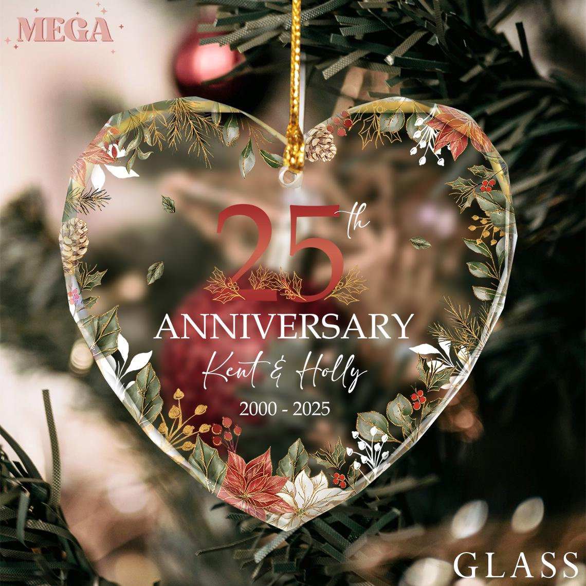 25th Wedding Anniversary Gift, Personalized Heart Glass Ornament for Parents, Custom Keepsake 1