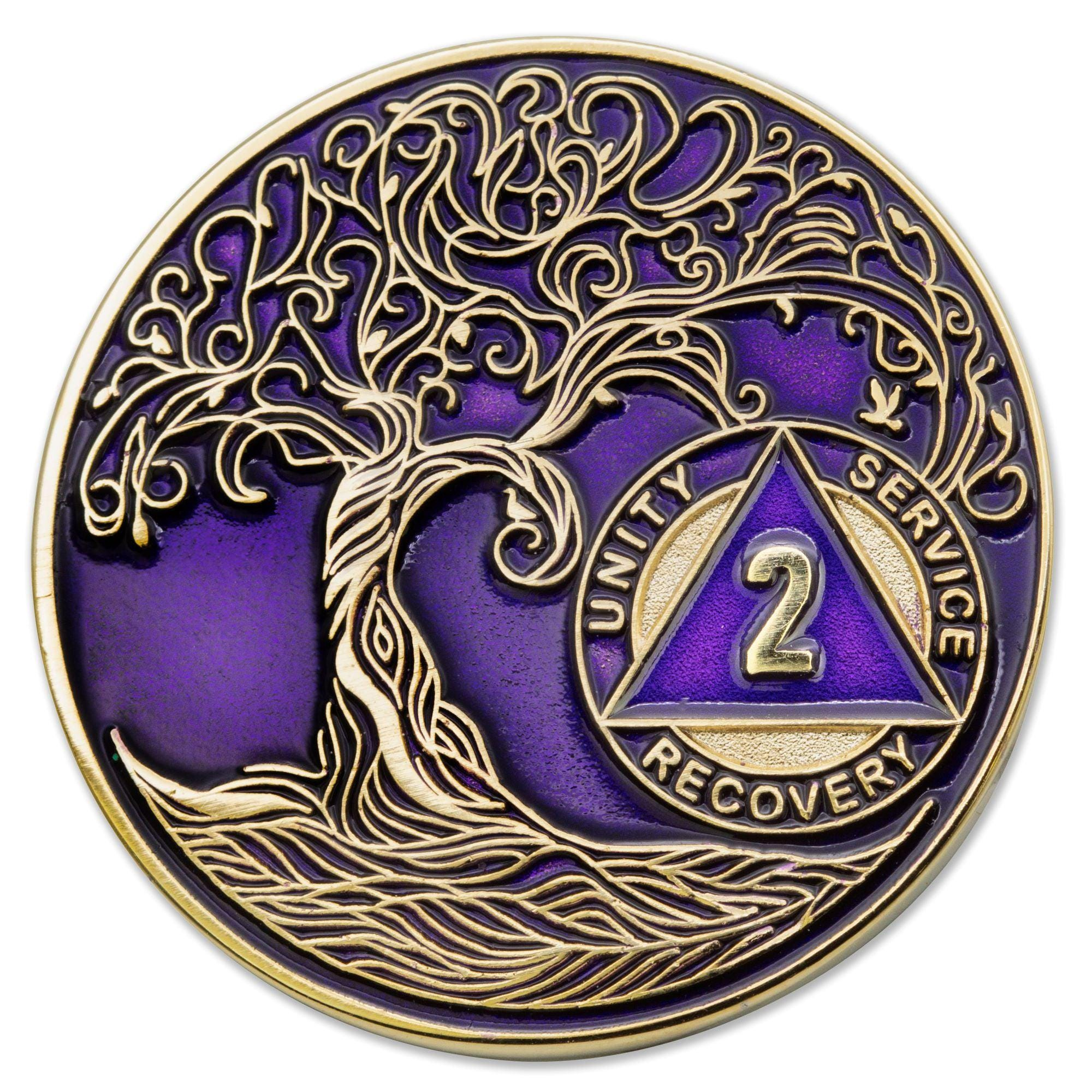 1 to 50 Year Sobriety Mint Twisted Tree of Life Gold Plated AA Recovery Medallion/Chip/Coin - Purple 1