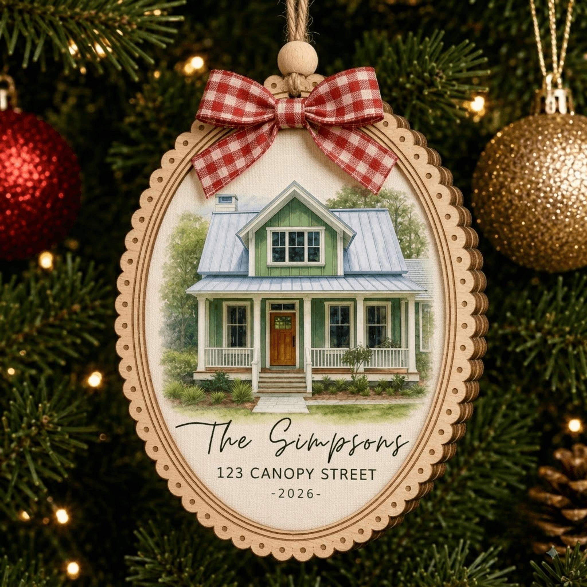 Custom House Portrait Christmas Ornament, Personalized Home Address Wood Frame Canvas Keepsake New Home Gift 3 - MeasureMason Custom House Portrait Christmas Ornament, Personalized Home Address Wood Frame Canvas Keepsake New Home Gift 3