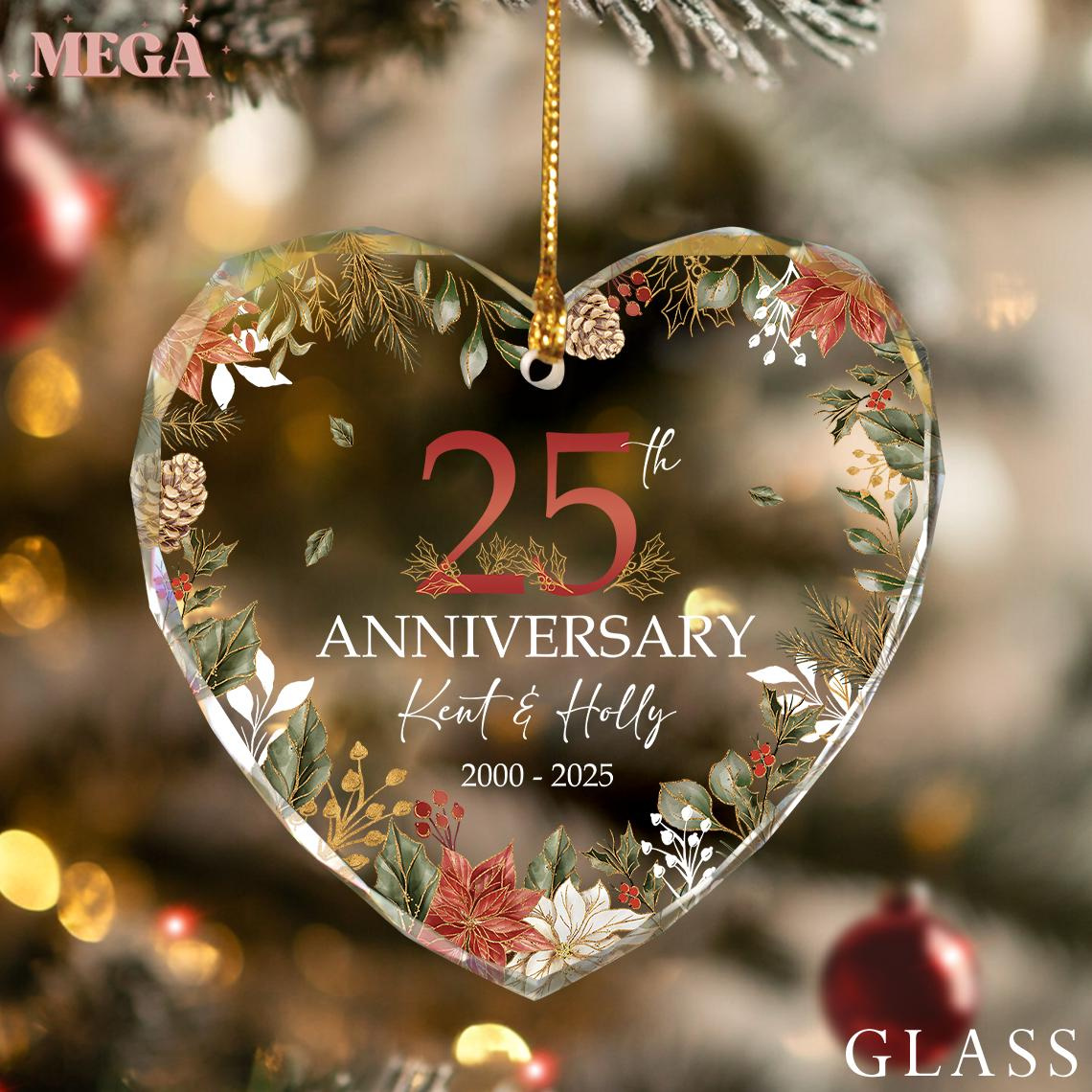 25th Wedding Anniversary Gift, Personalized Heart Glass Ornament for Parents, Custom Keepsake 25th Wedding Anniversary Gift, Personalized Heart Glass Ornament for Parents, Custom Keepsake
