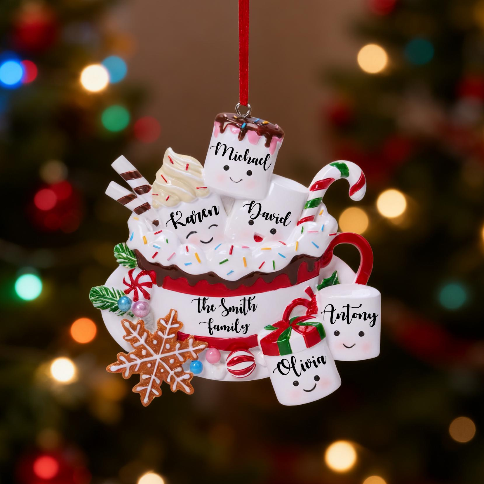 Personalized Family Christmas Ornament 2025 Marshmallow Coffee Cup Ornament Custom Names Family Holiday Keepsake Resin