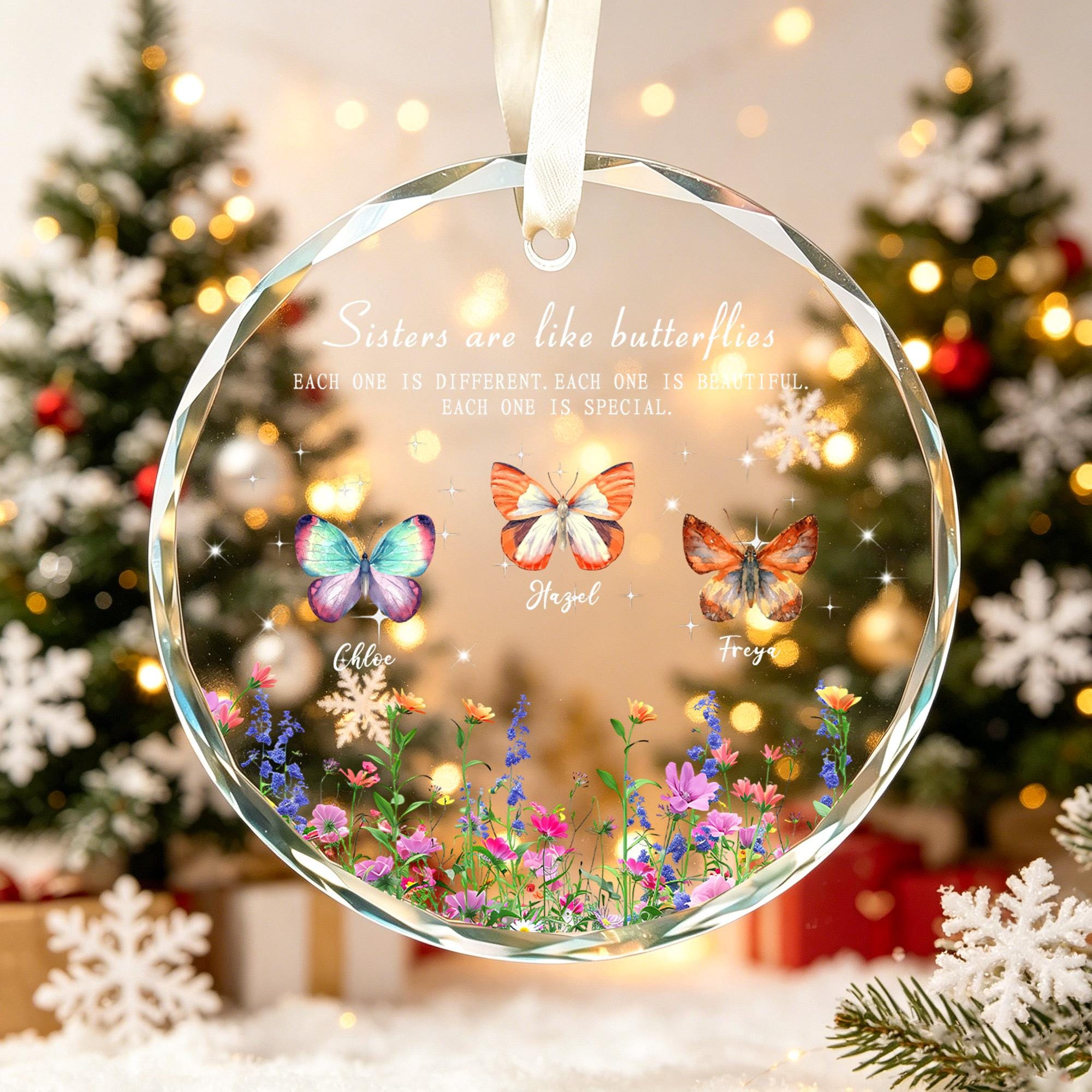 Personalized Crystal Glass Christmas Ornament – Sister Gift with Butterfly & Floral Design 3 - MeasureMason Personalized Crystal Glass Christmas Ornament – Sister Gift with Butterfly & Floral Design 3