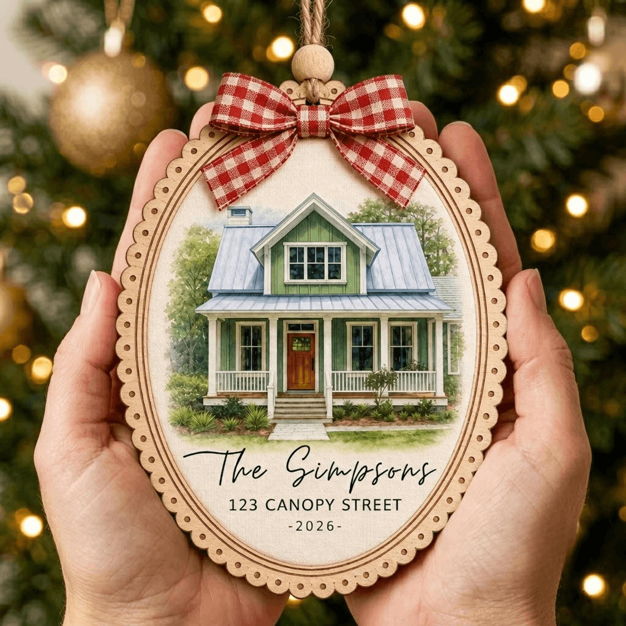 Custom House Portrait Christmas Ornament, Personalized Home Address Wood Frame Canvas Keepsake New Home Gift 4 - MeasureMason Custom House Portrait Christmas Ornament, Personalized Home Address Wood Frame Canvas Keepsake New Home Gift 4