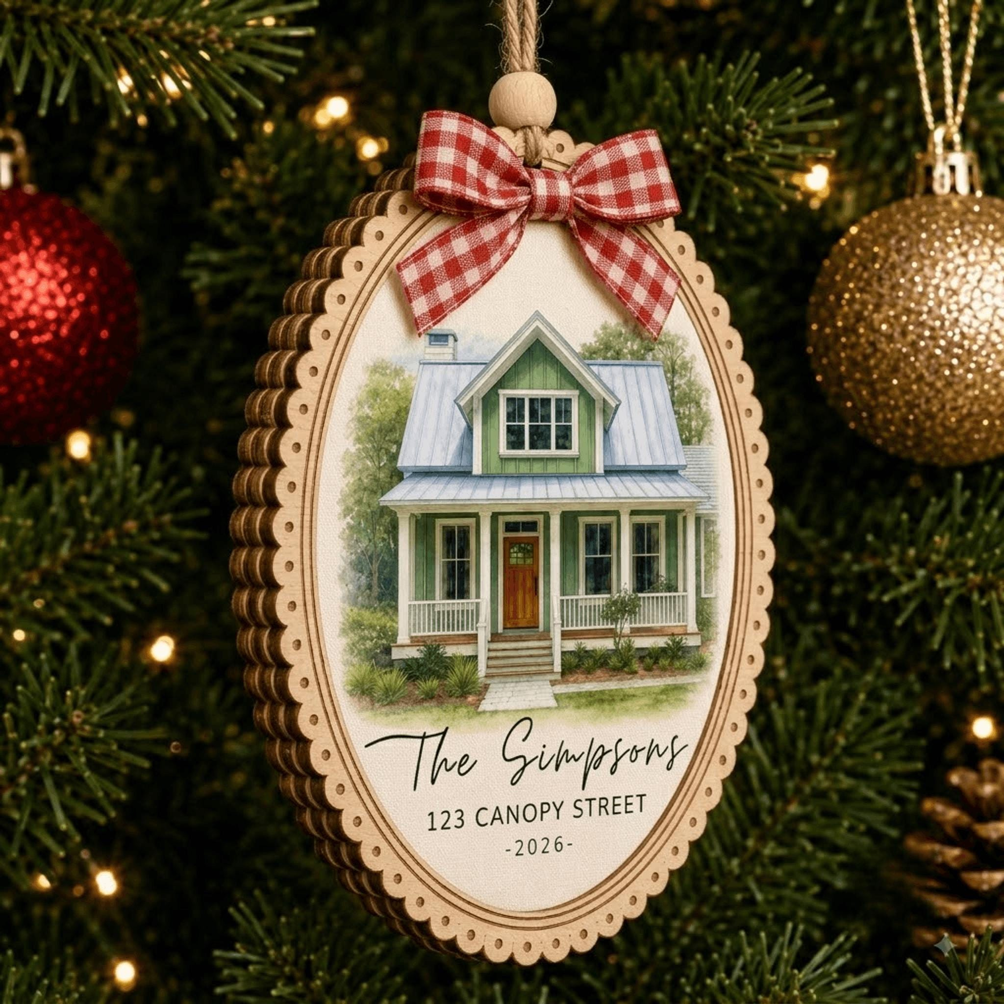 Custom House Portrait Christmas Ornament, Personalized Home Address Wood Frame Canvas Keepsake New Home Gift 2 - MeasureMason Custom House Portrait Christmas Ornament, Personalized Home Address Wood Frame Canvas Keepsake New Home Gift 2