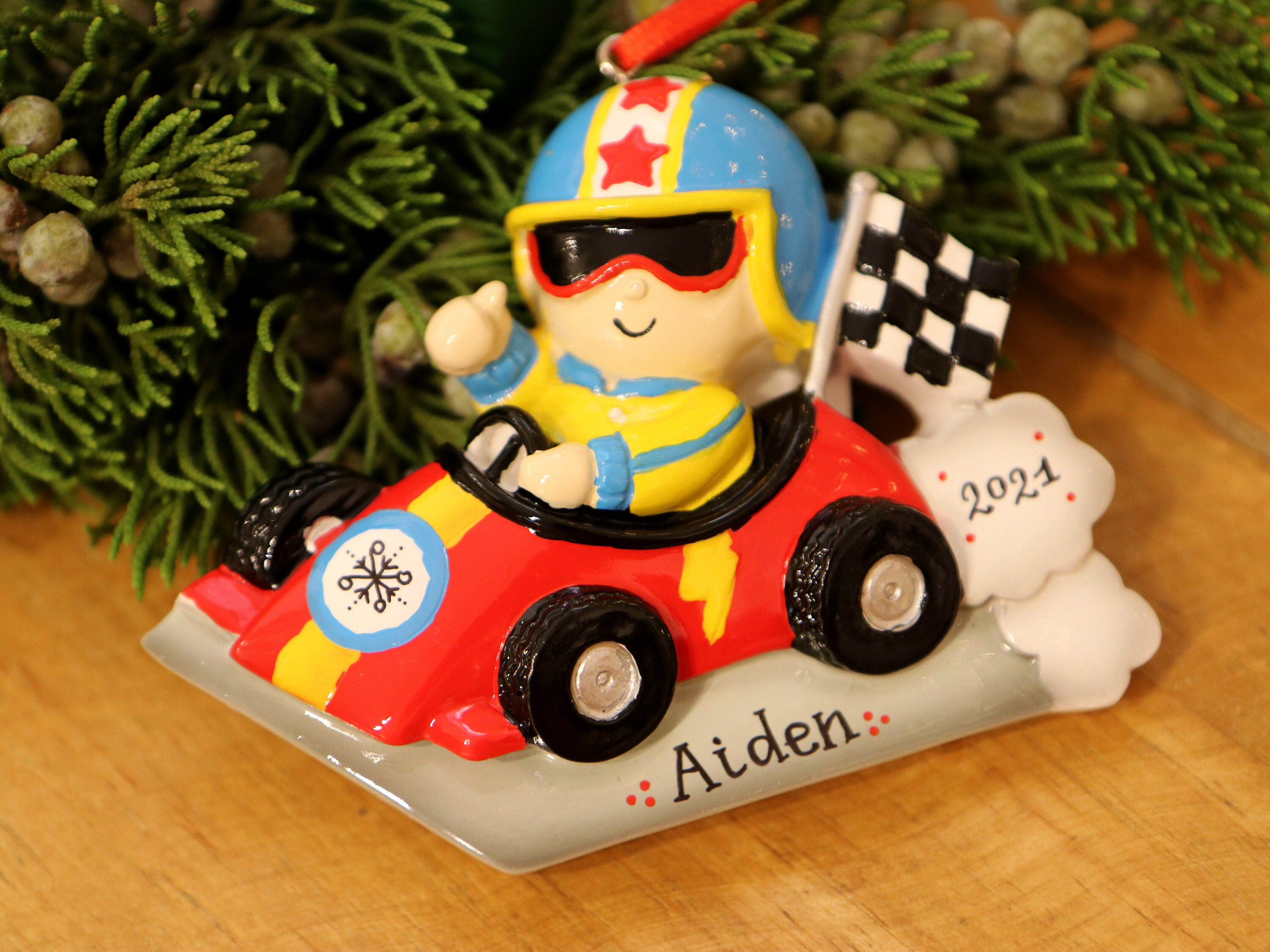 Personalized Race Car Driver Boy Christmas Ornament - Hand-Painted Resin Keepsake 1 - MeasureMason Personalized Race Car Driver Boy Christmas Ornament - Hand-Painted Resin Keepsake 1
